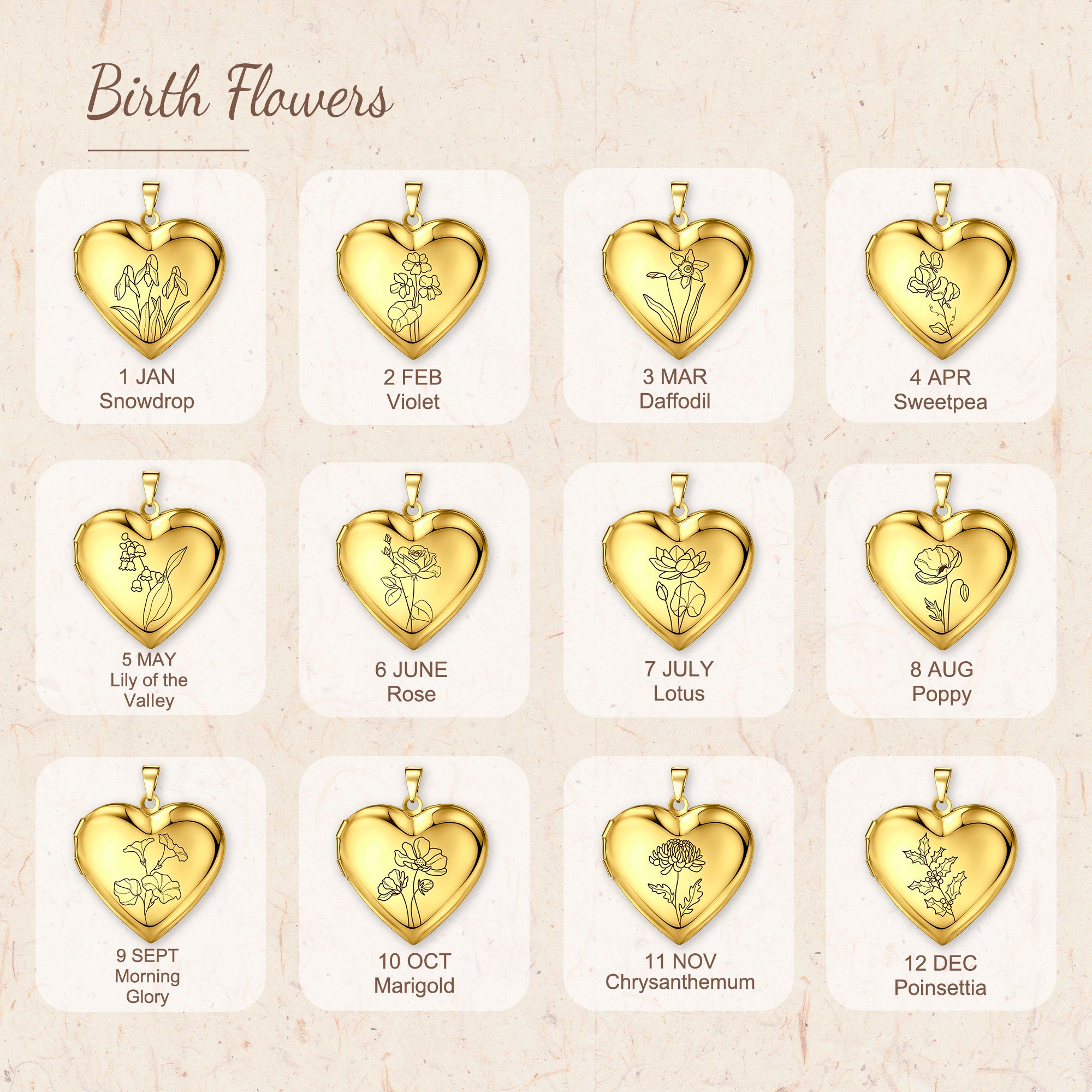 Birth Flower Heart Locket Necklace