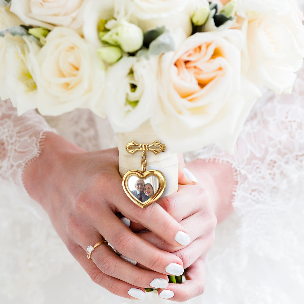 Glass Heart Wedding Photo Locket Brooch Pin