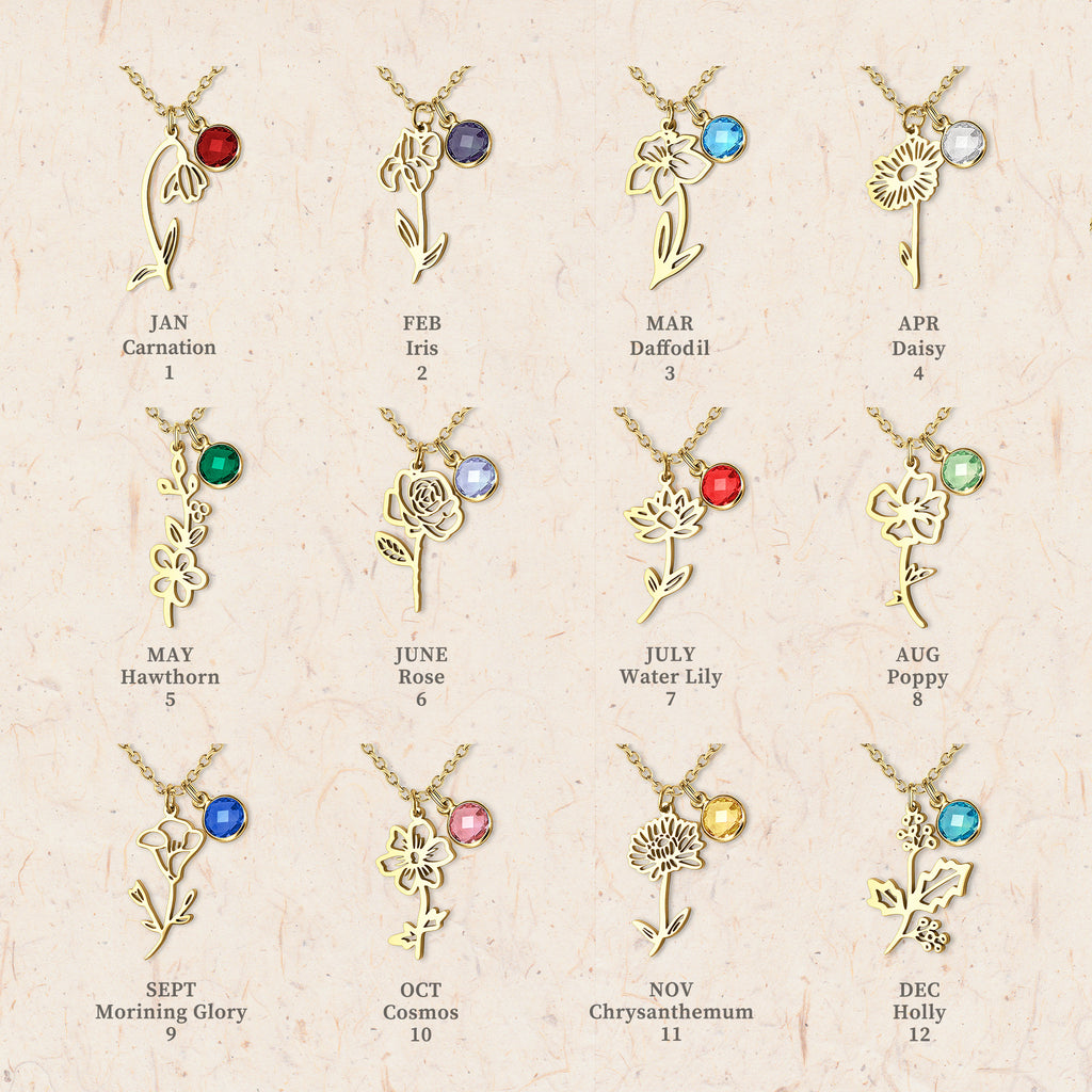 Stainless Steel Birth Flower and Birthstone Charm Necklace