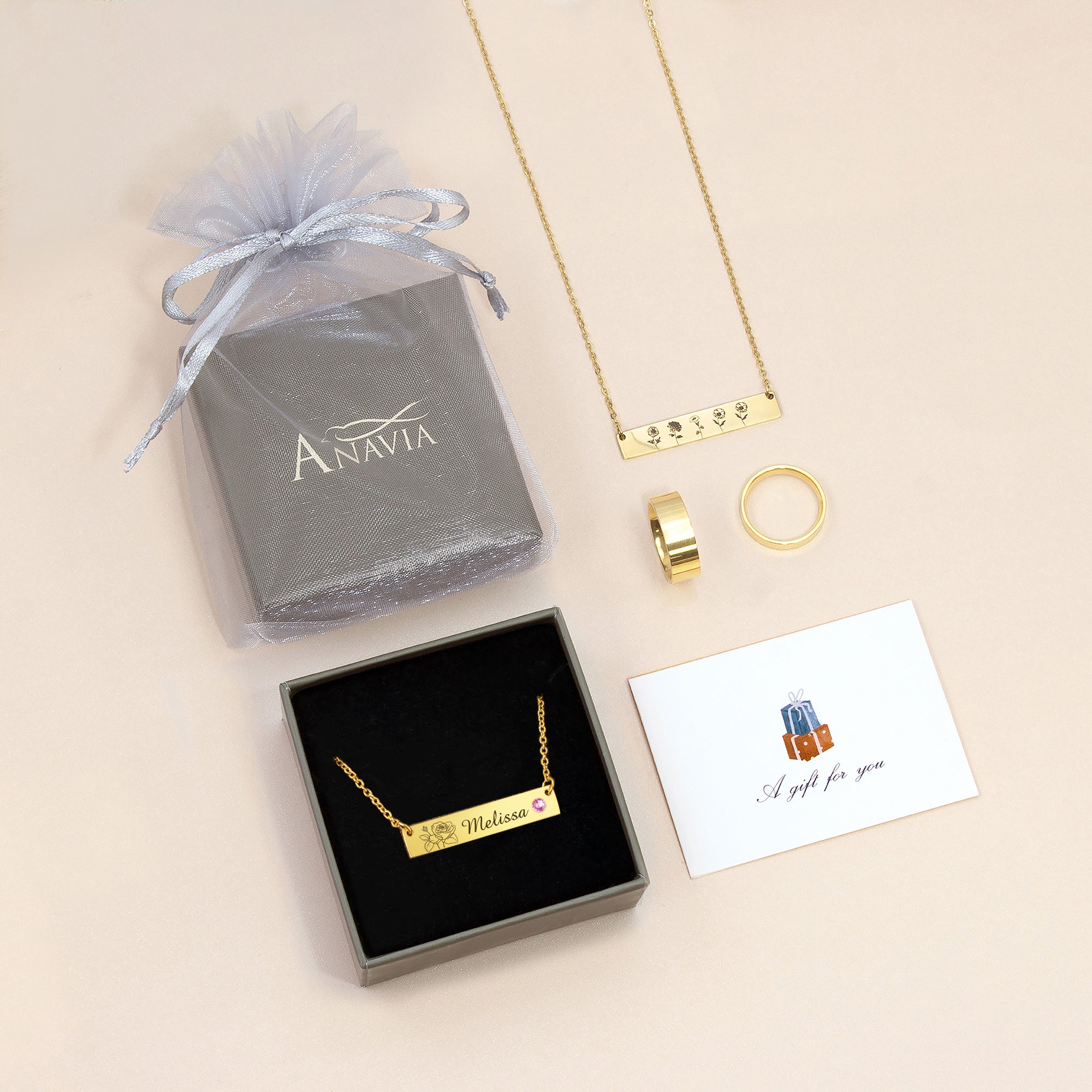 Birthstone Bar Flower and Name Necklace
