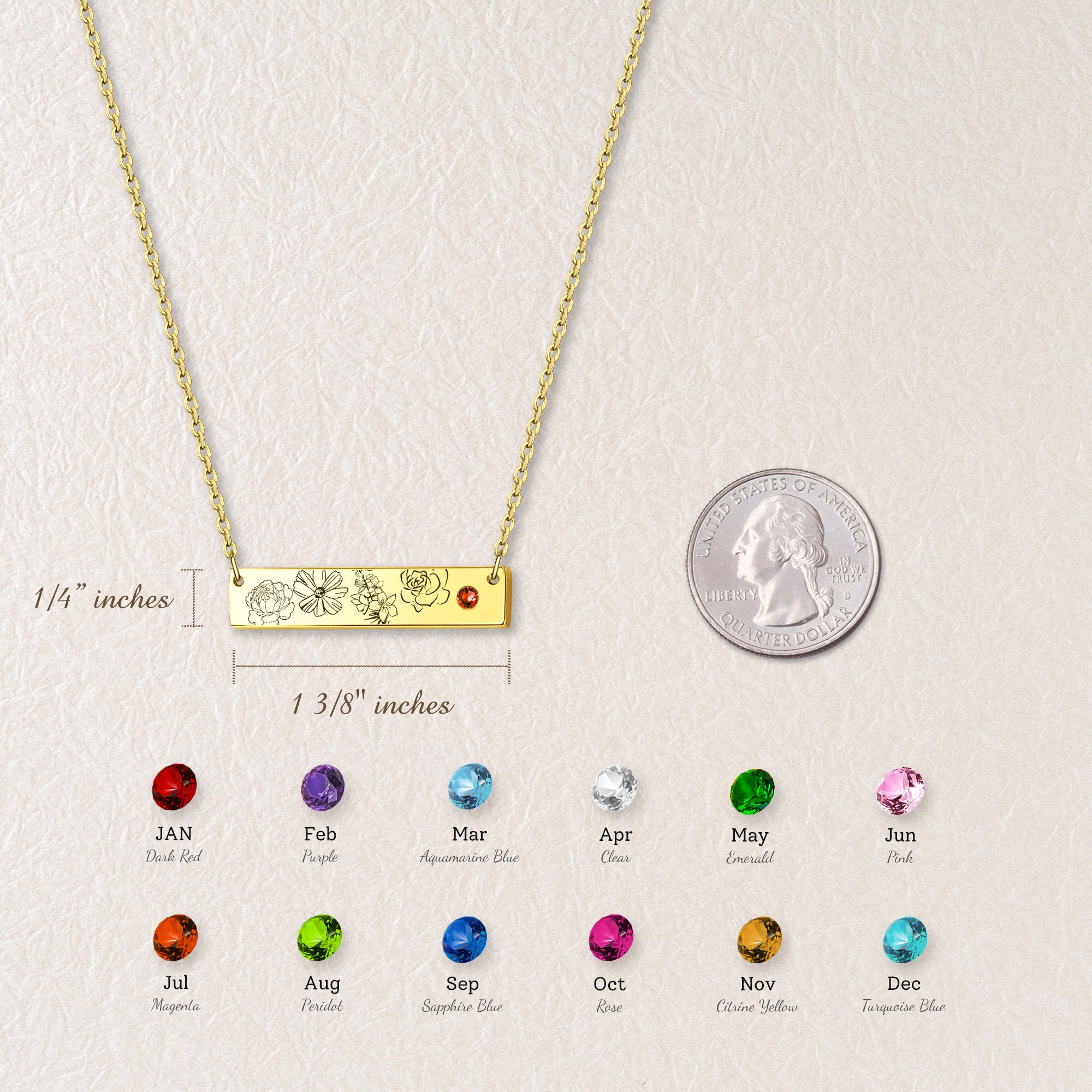 1-4 Birth Flower Birthstone Bar Necklace