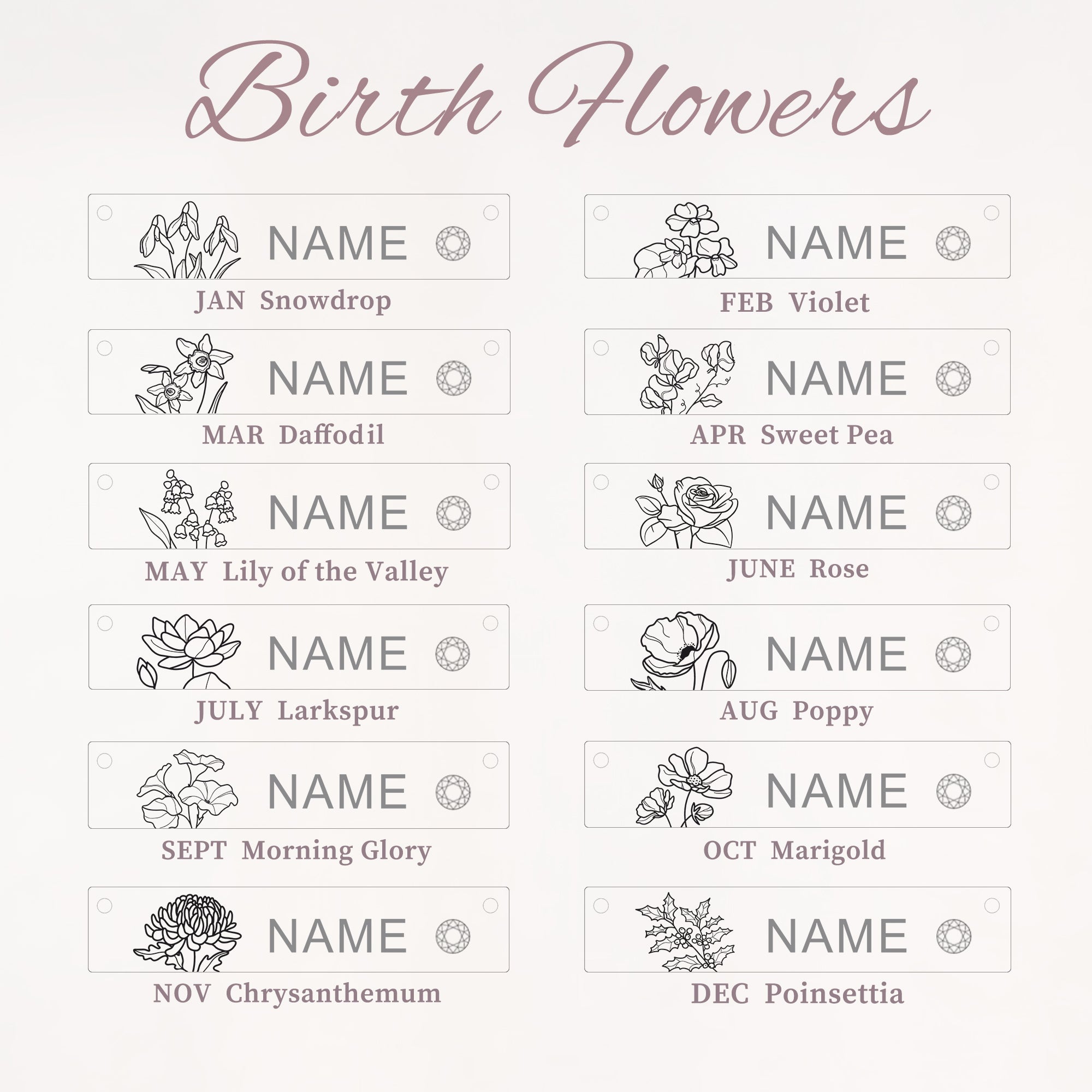 Birthstone Bar Flower and Name Necklace