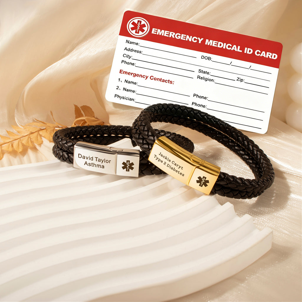 Personalized Medical ID Alert Double Strap Leather Bracelet