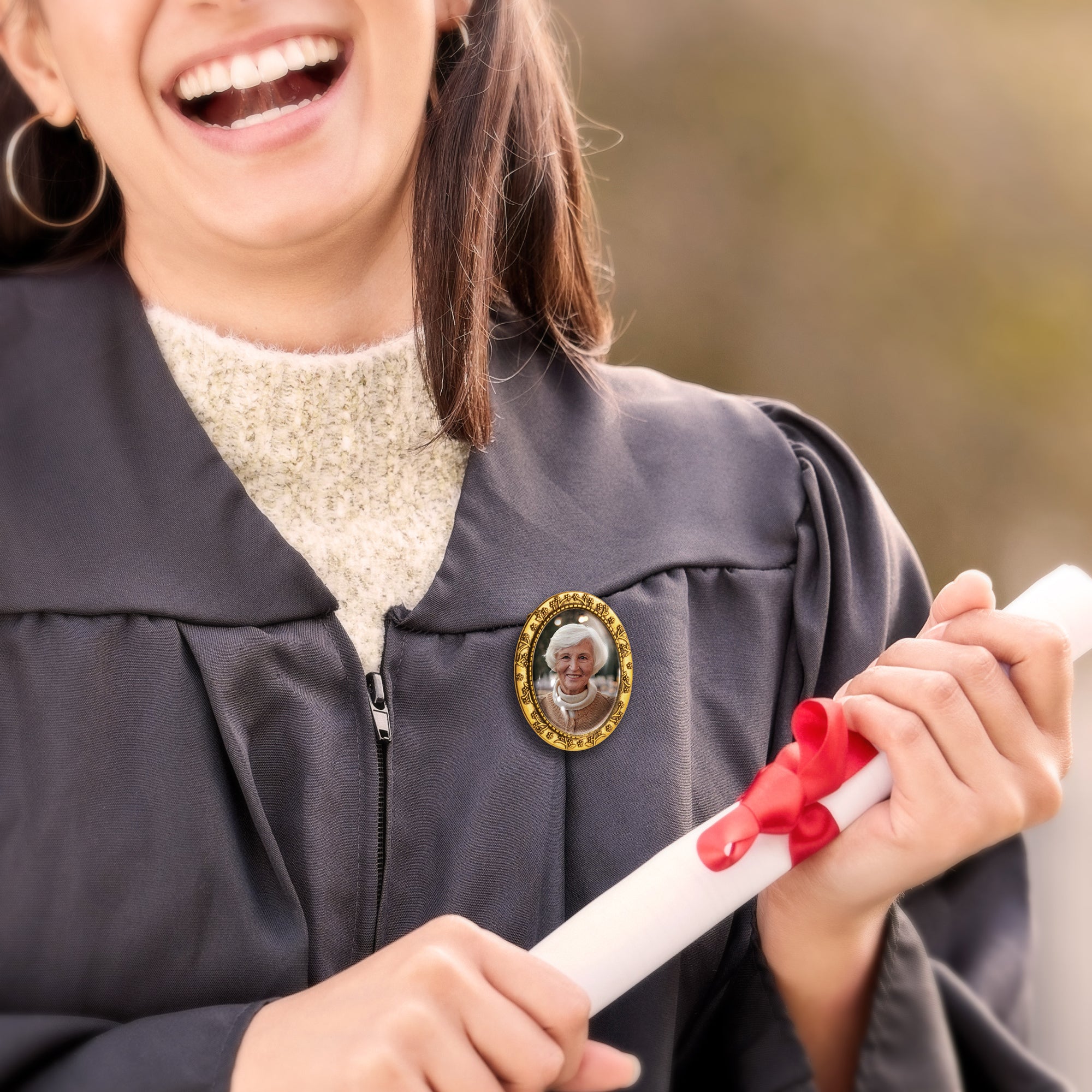 Vintage Oval Floral Memorial Graduation Photo Brooch