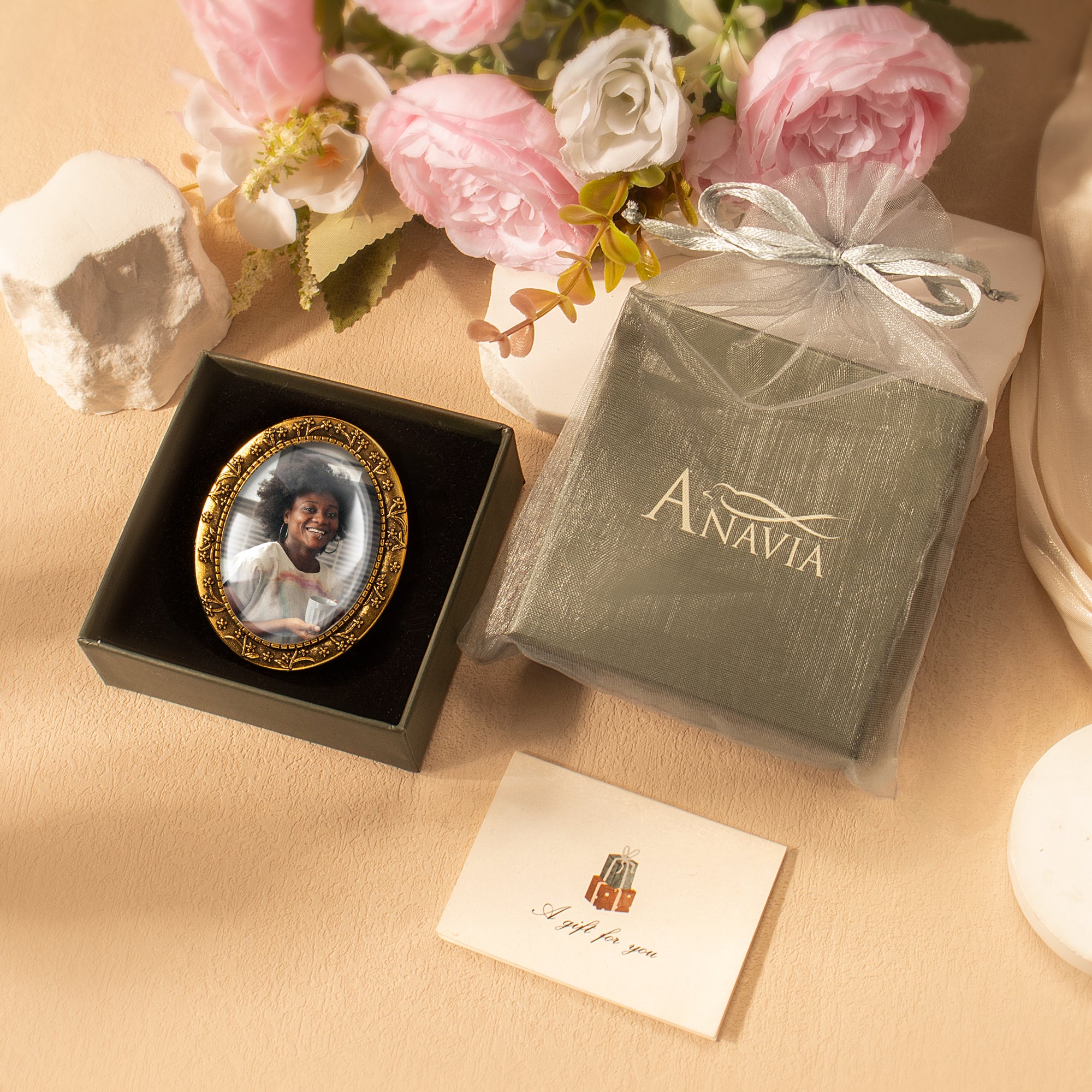 Vintage Oval Floral Pet Memorial Photo Brooch