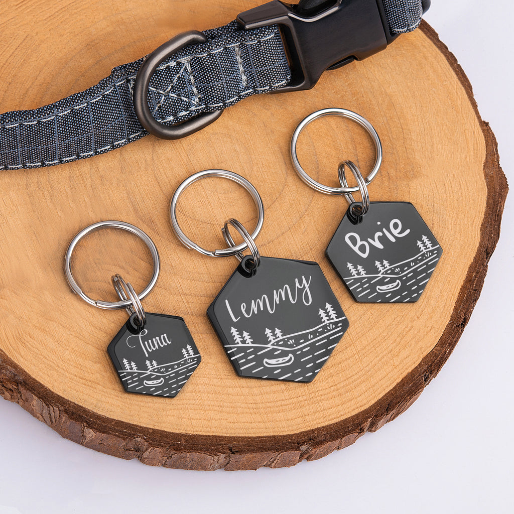 Boat in Lake Hexagon Pet ID Dog Tag