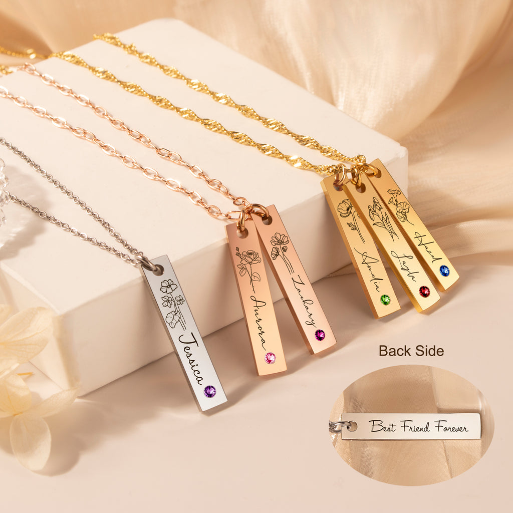 Flower and Name Vertical Bar Birthstone Necklace