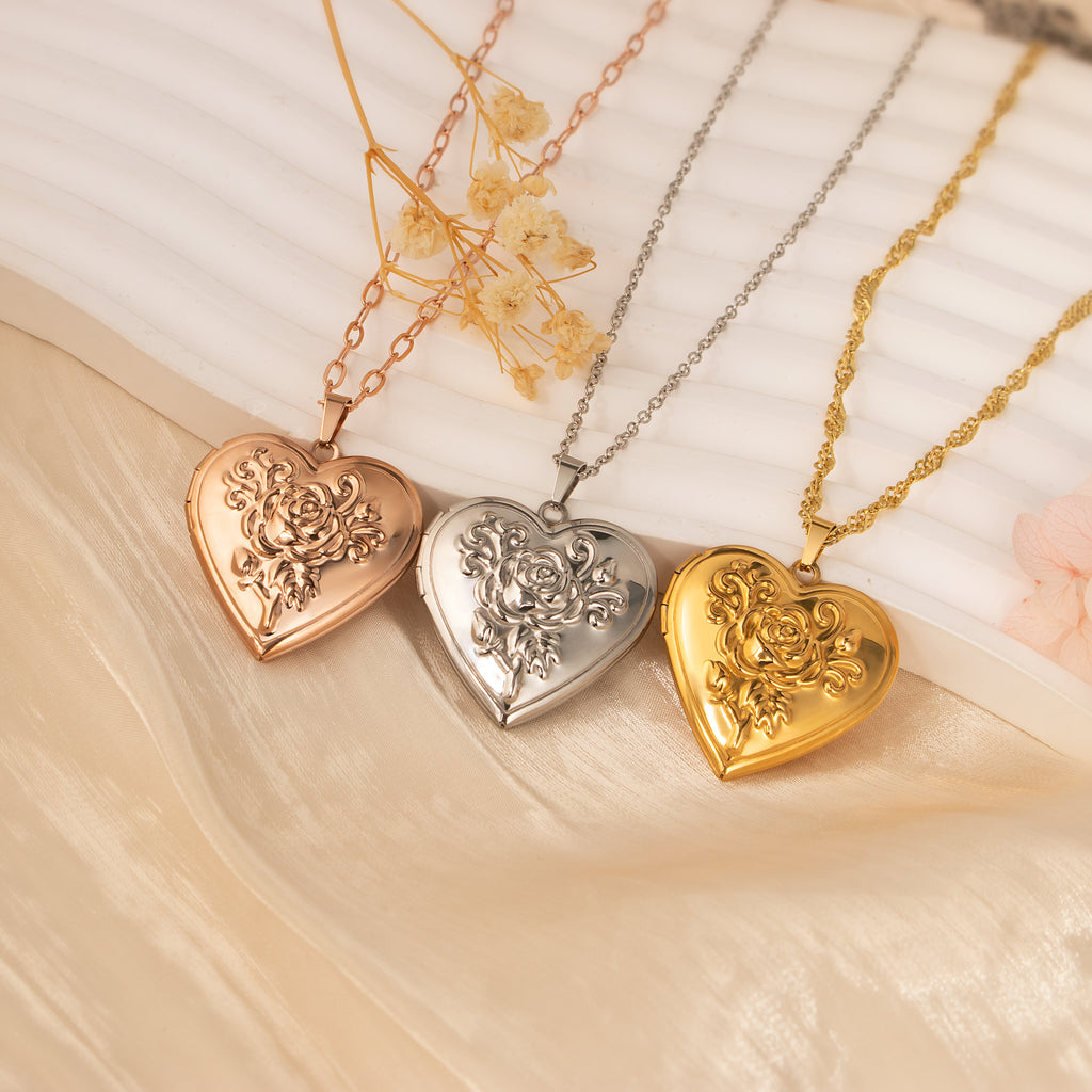 Rose Photo Heart Locket Necklace
