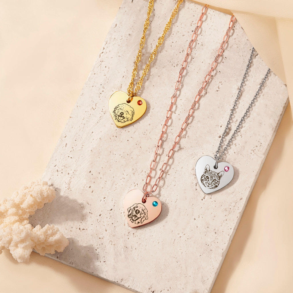 Pet Portrait Birthstone Heart Necklace