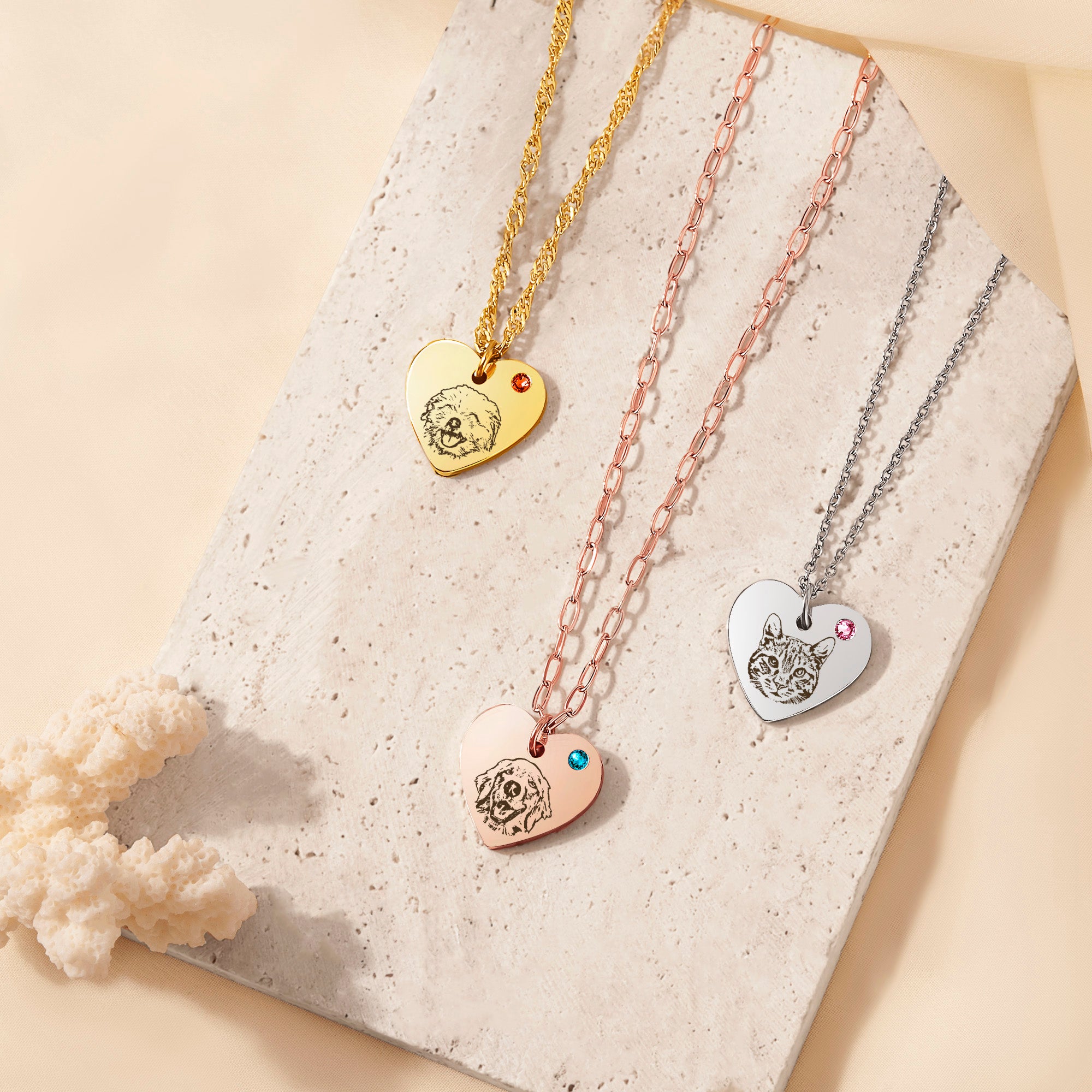 Pet Portrait Birthstone Heart Necklace