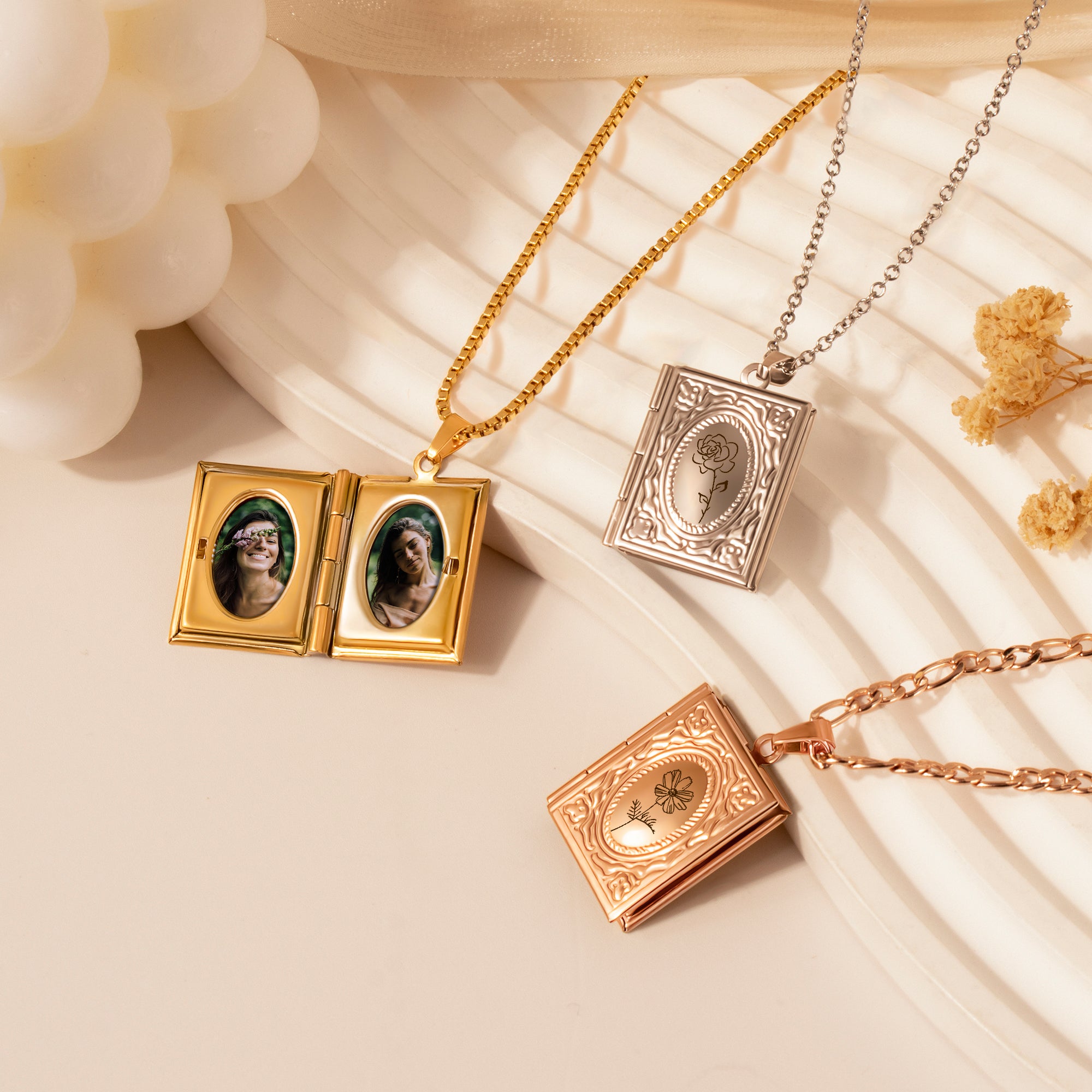 Birth Flower 18K Gold Vintage Square Locket Necklace