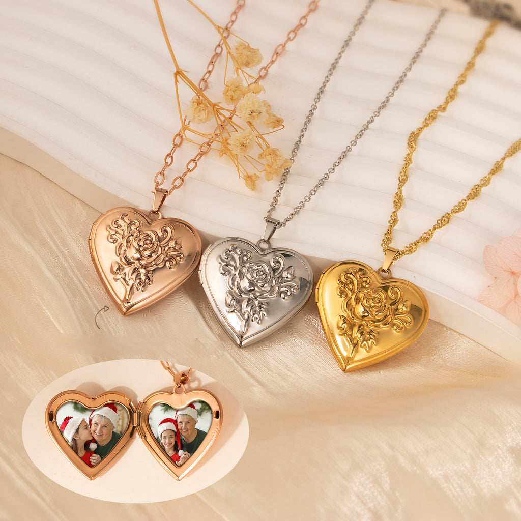 Rose Photo Heart Locket Necklace