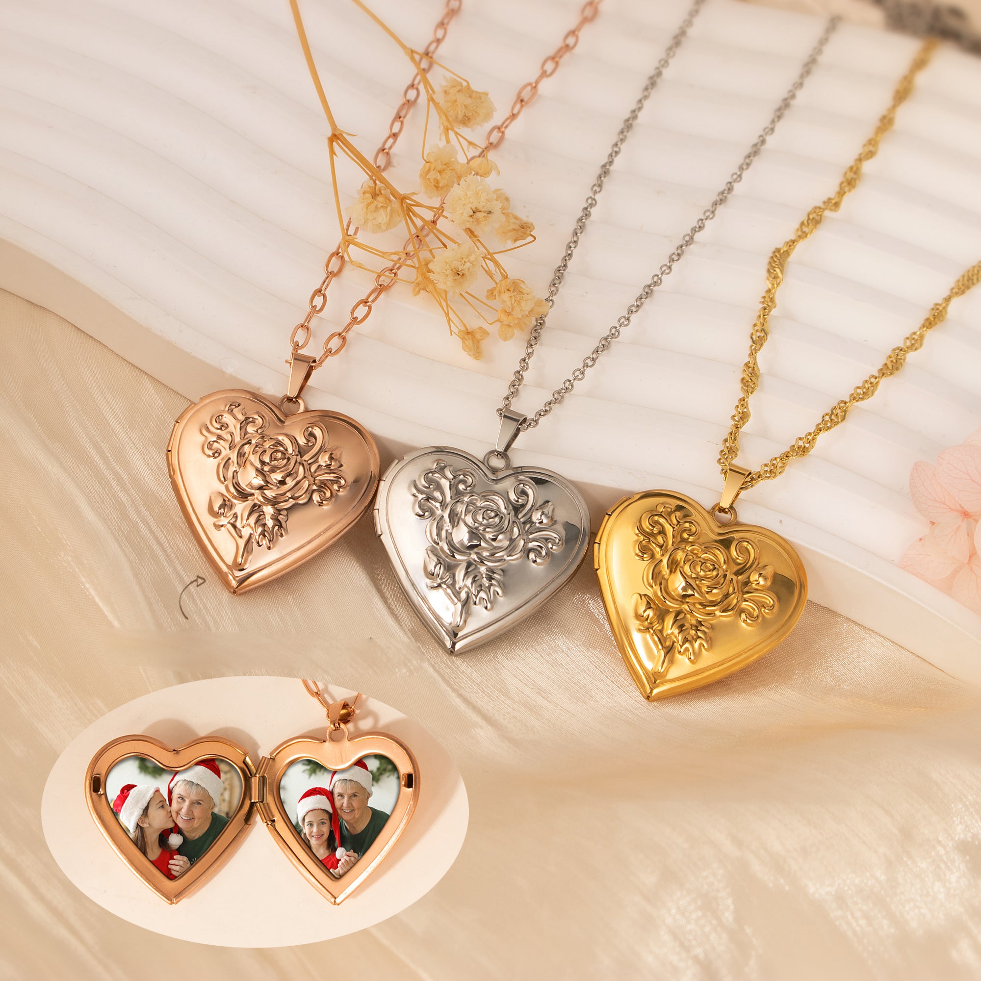 Rose Photo Heart Locket Necklace