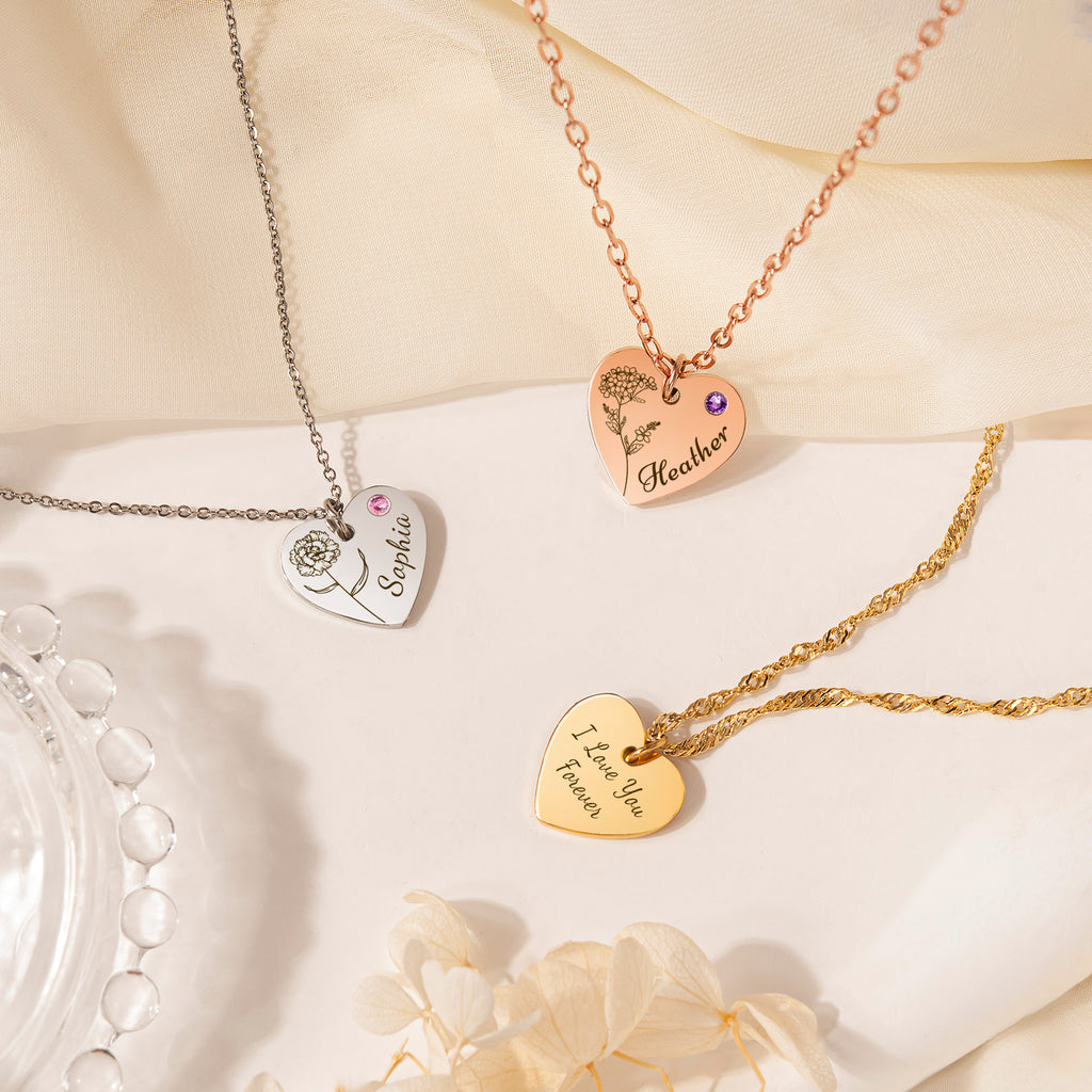 Flower and Name Birthstone Heart Necklace