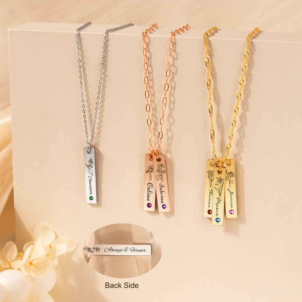 Flower and Name Vertical Bar Birthstone Necklace