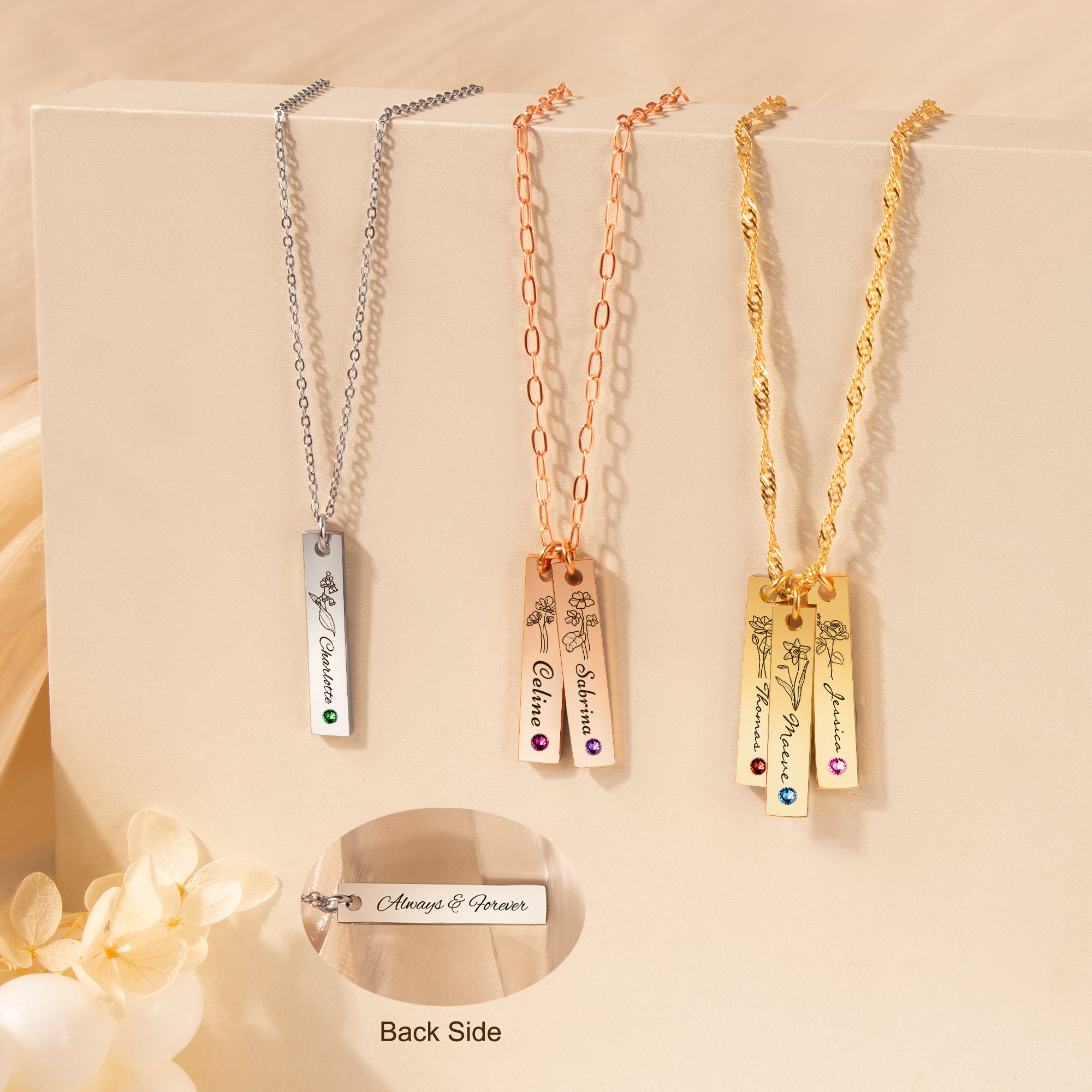 Flower and Name Vertical Bar Birthstone Necklace