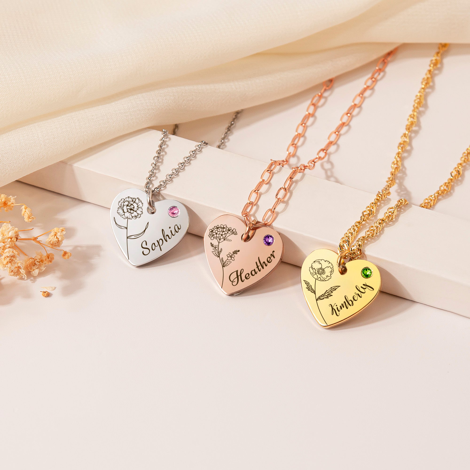 Flower and Name Birthstone Heart Necklace