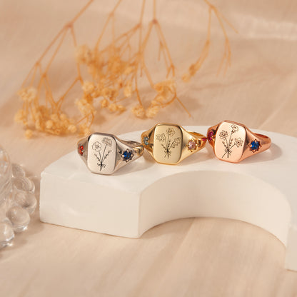 Personalized Birth Flower Birthstone Ring