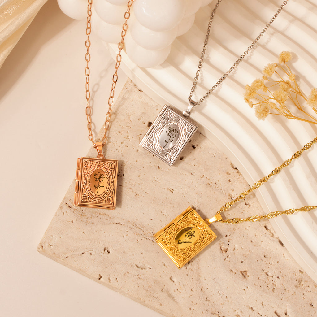 Birth Flower 18K Gold Vintage Square Locket Necklace