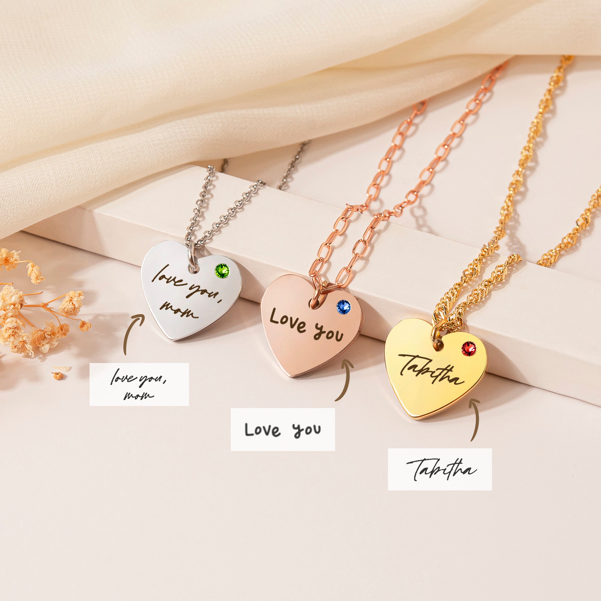 Custom Handwriting Birthstone Heart Necklace