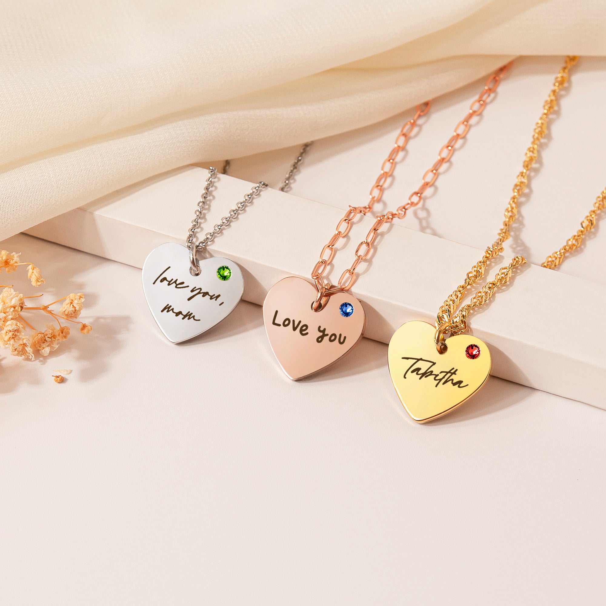 Custom Handwriting Birthstone Heart Necklace