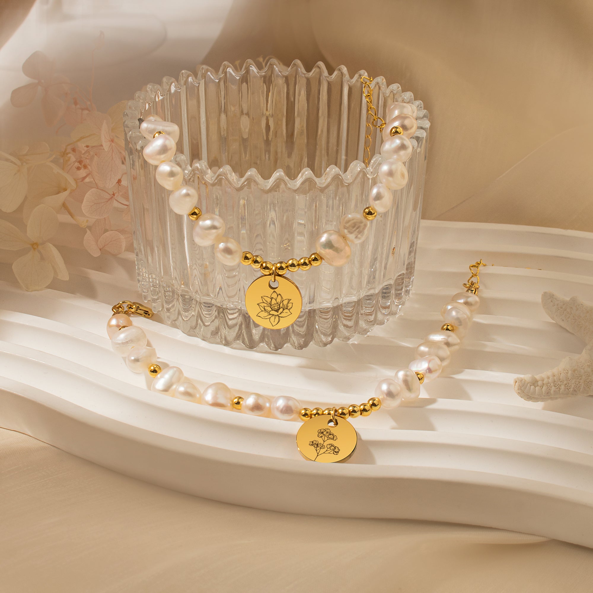 Personalized Birth Flower Charm Pearl Bracelet