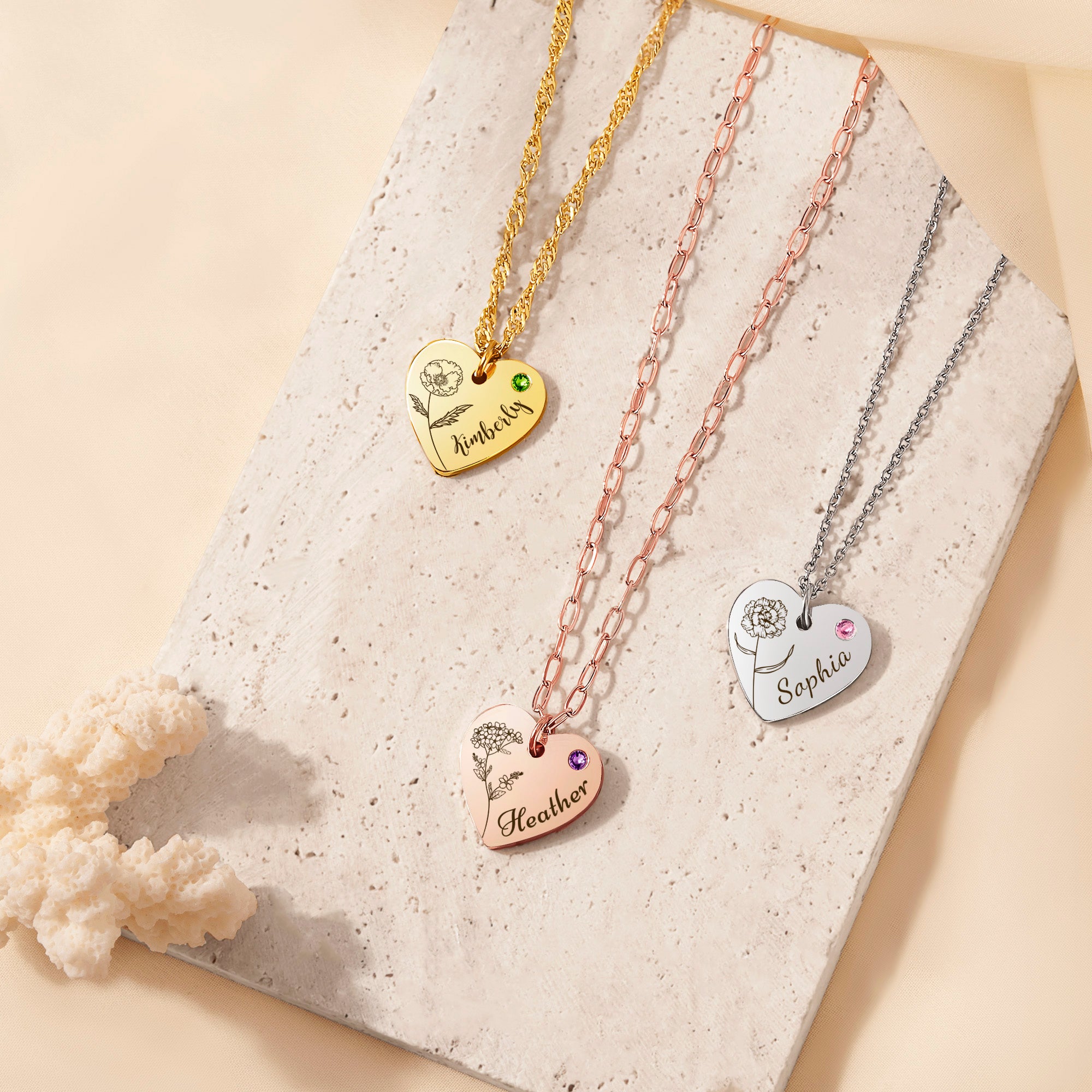 Flower and Name Birthstone Heart Necklace