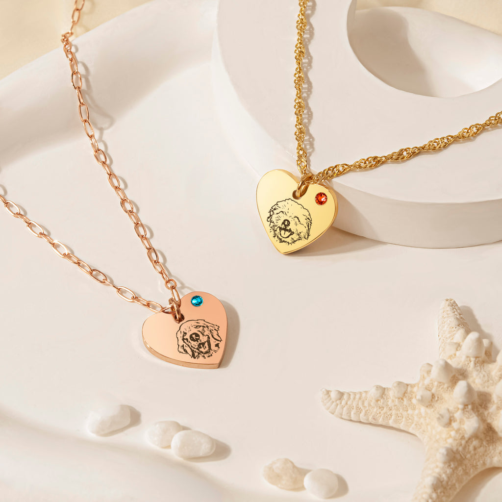 Pet Portrait Birthstone Heart Necklace