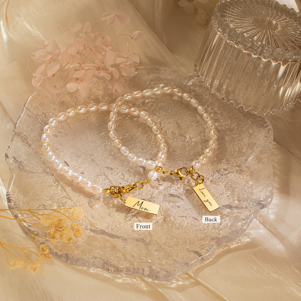 Personalized Square Charm Pearl Bracelet