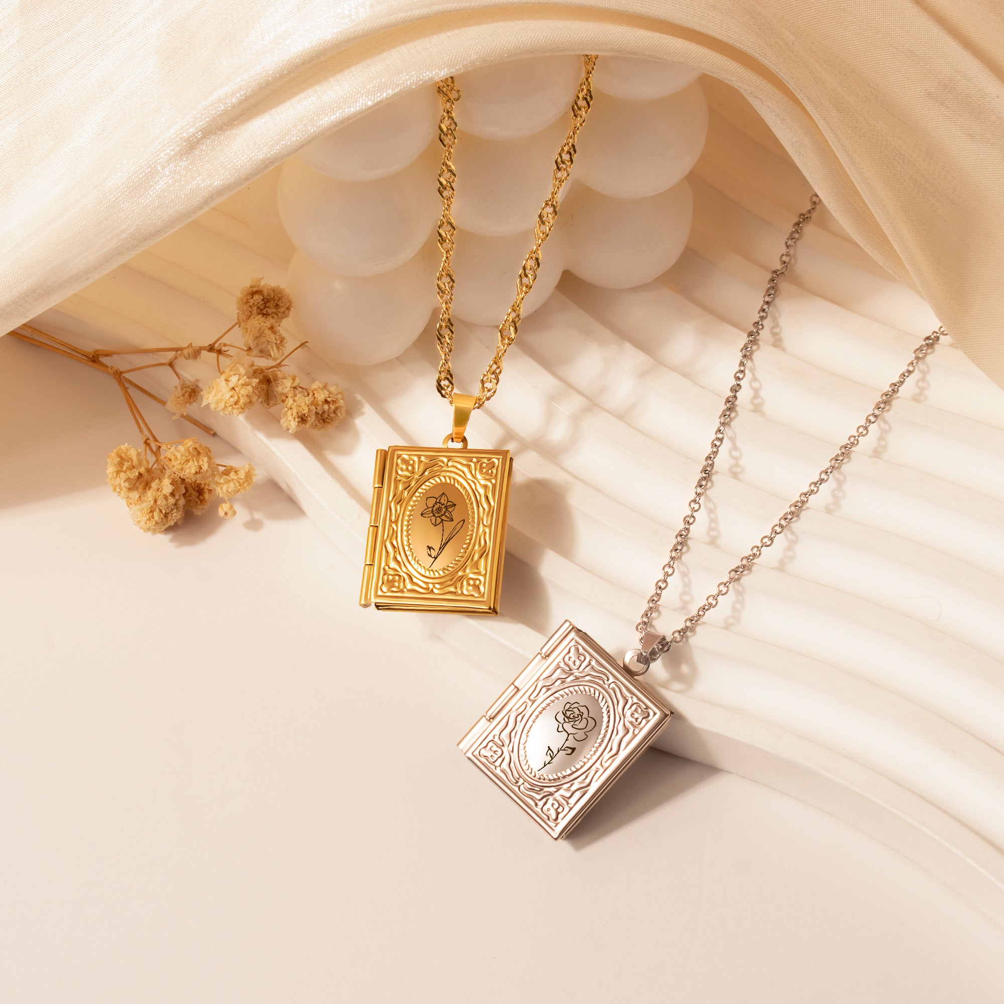 Birth Flower 18K Gold Vintage Square Locket Necklace