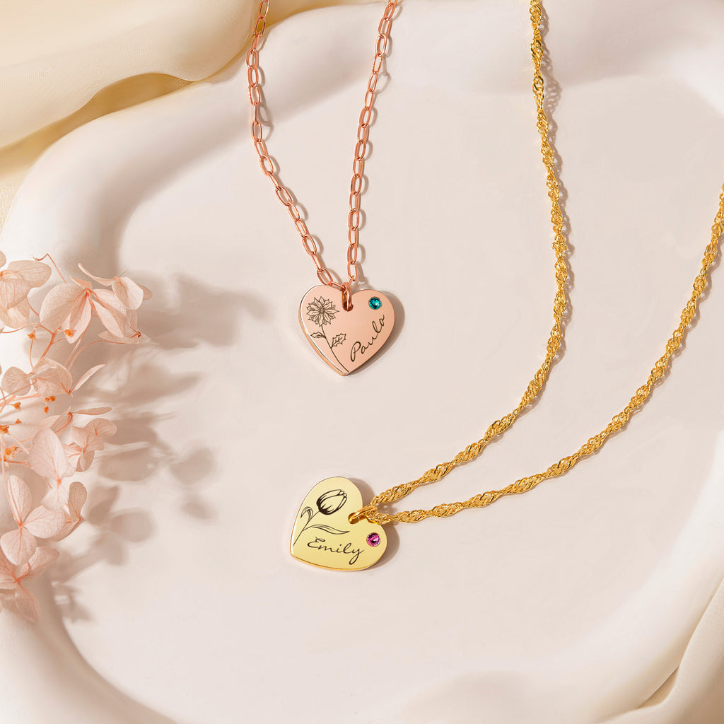 Flower and Name Birthstone Heart Necklace
