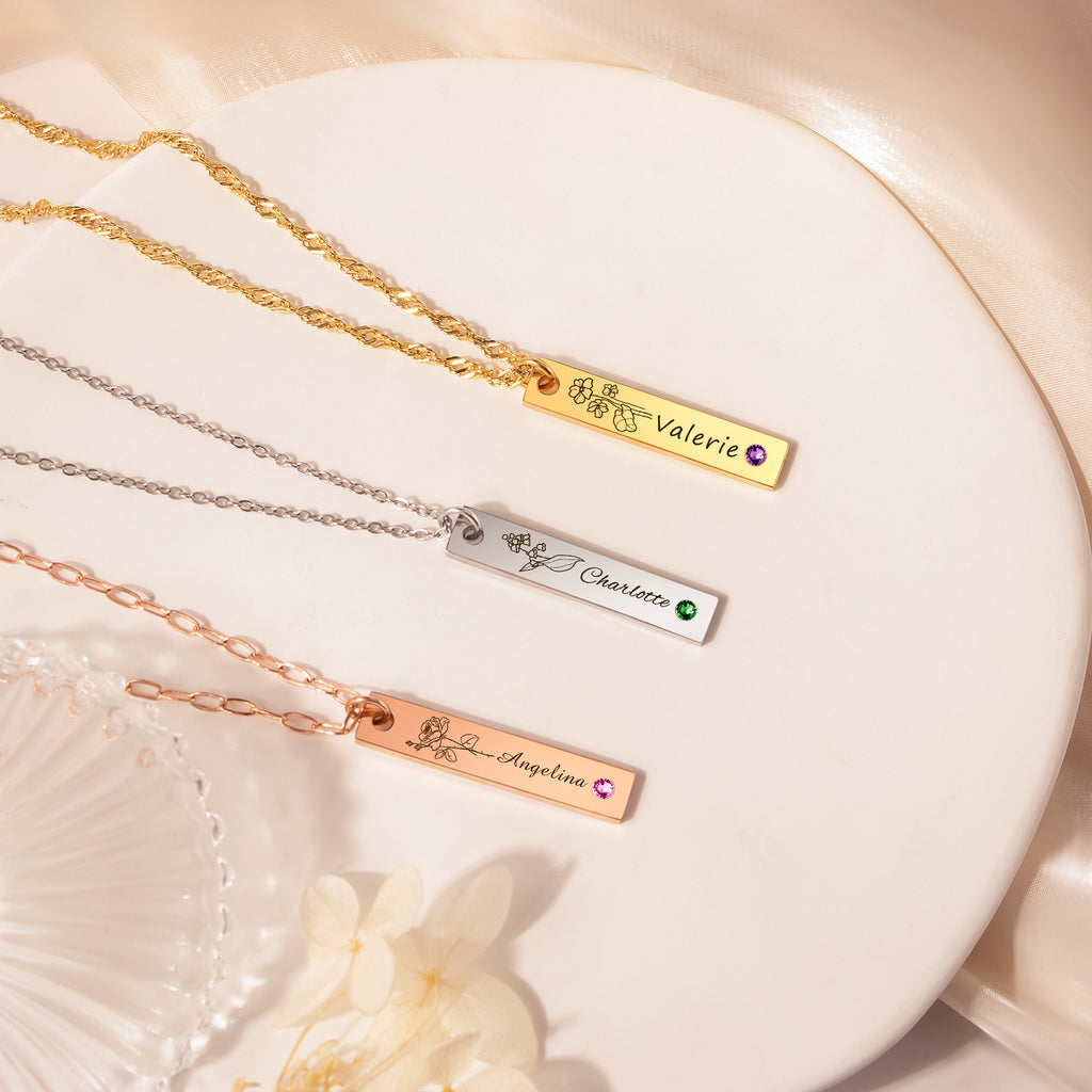 Flower and Name Vertical Bar Birthstone Necklace