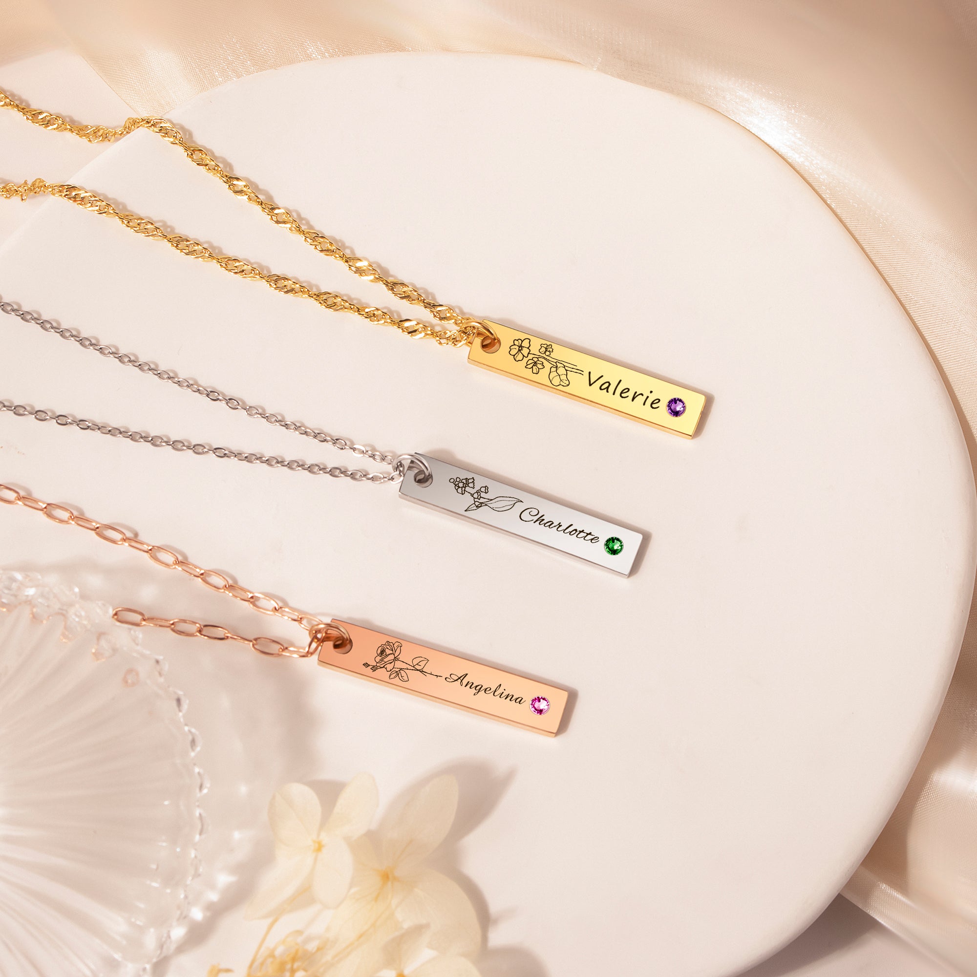 Flower and Name Vertical Bar Birthstone Necklace