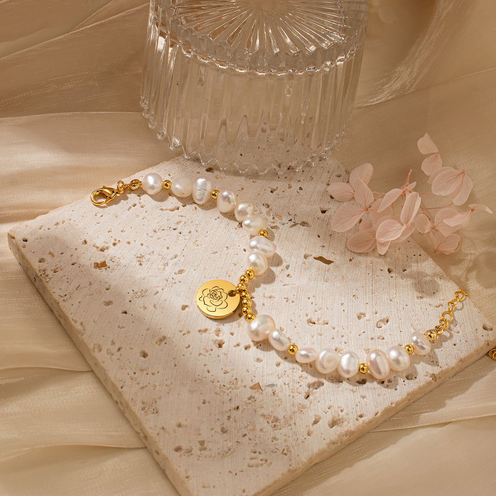 Personalized Birth Flower Charm Pearl Bracelet