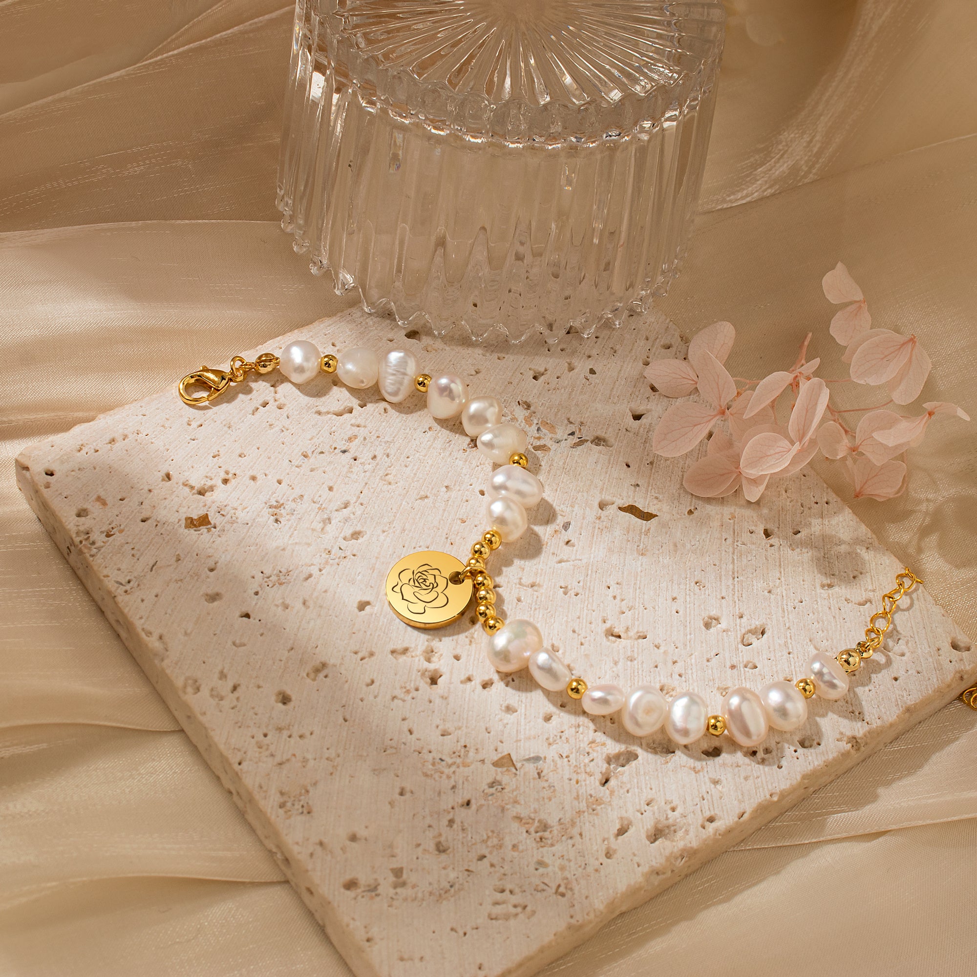 Personalized Birth Flower Charm Pearl Bracelet