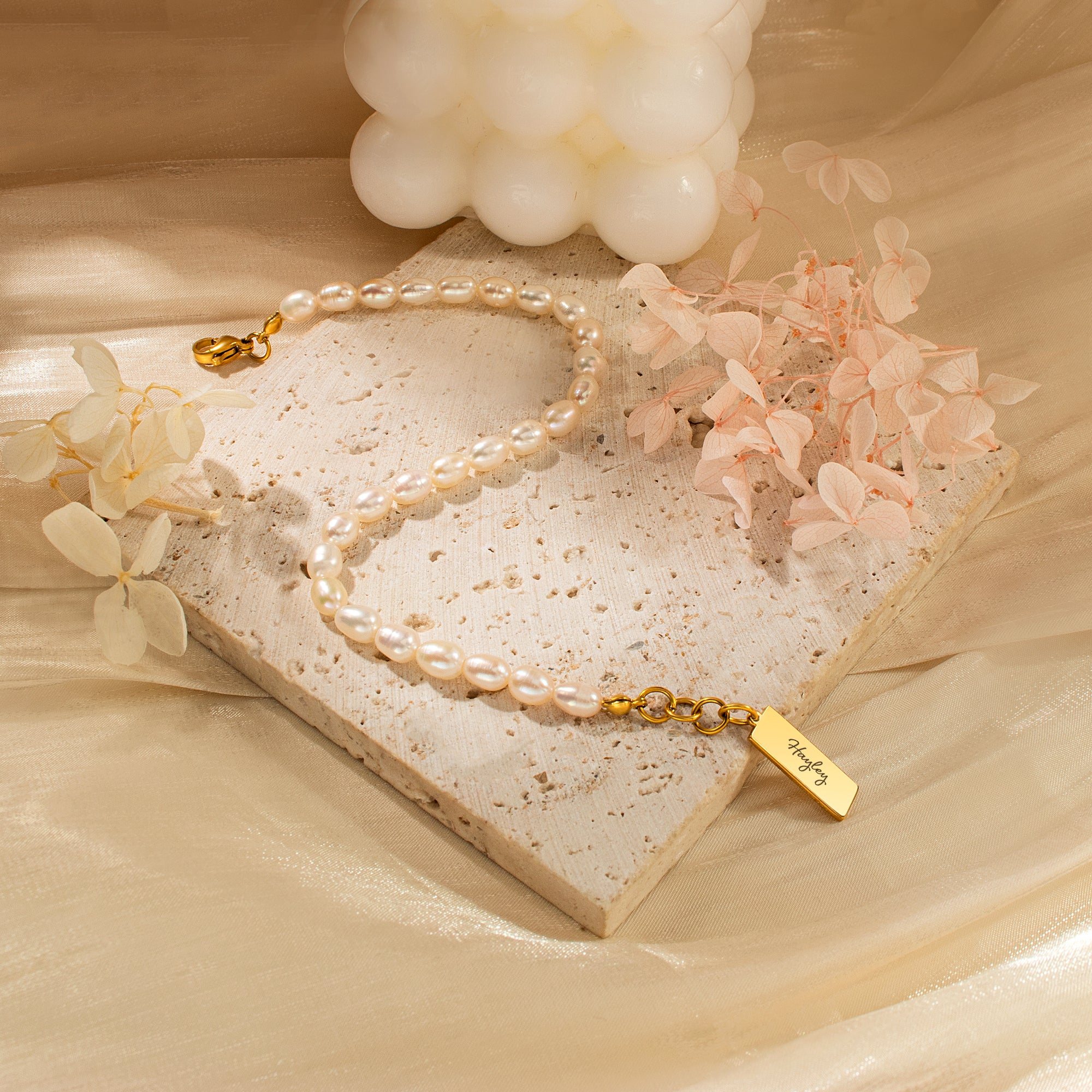 Personalized Square Charm Pearl Bracelet