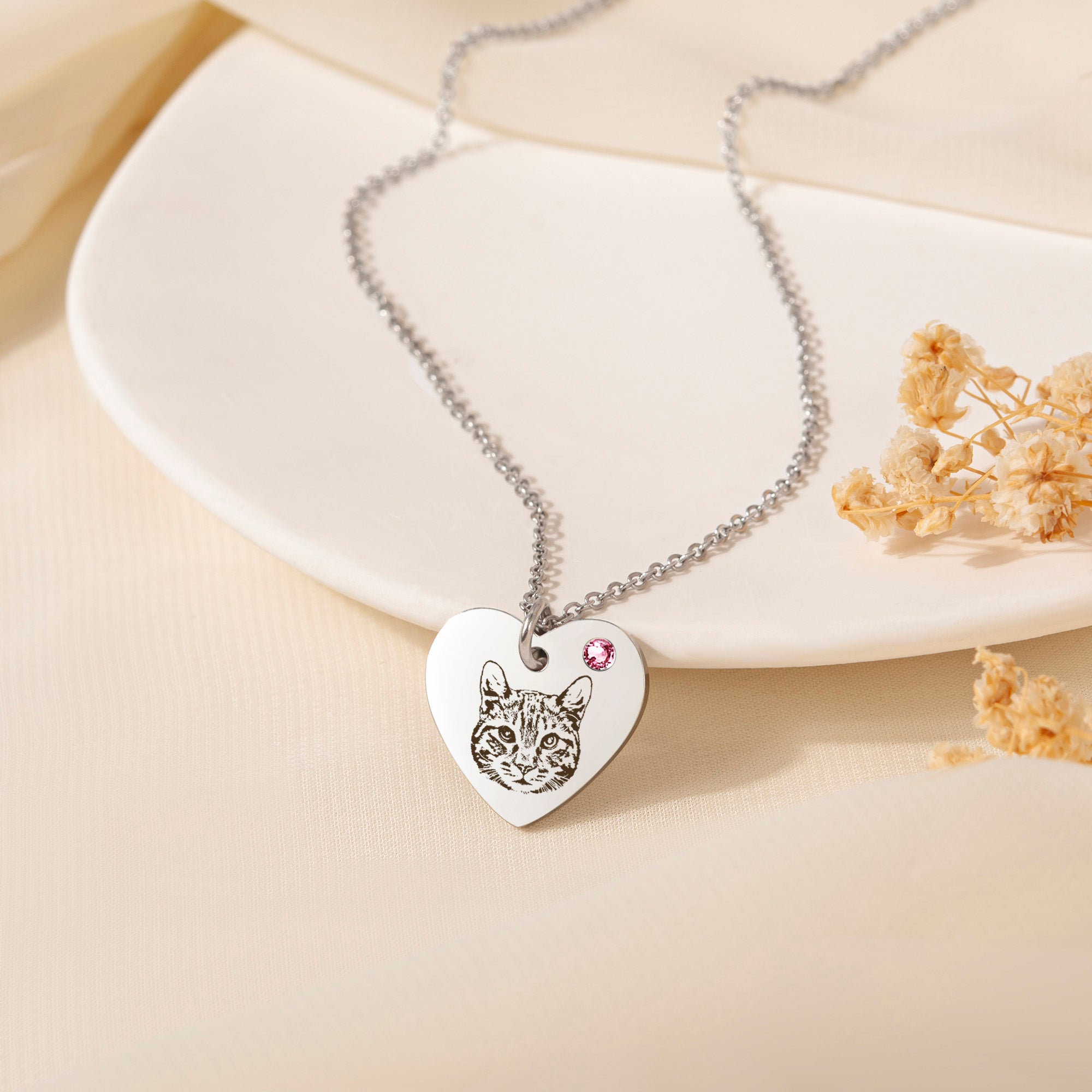 Pet Portrait Birthstone Heart Necklace