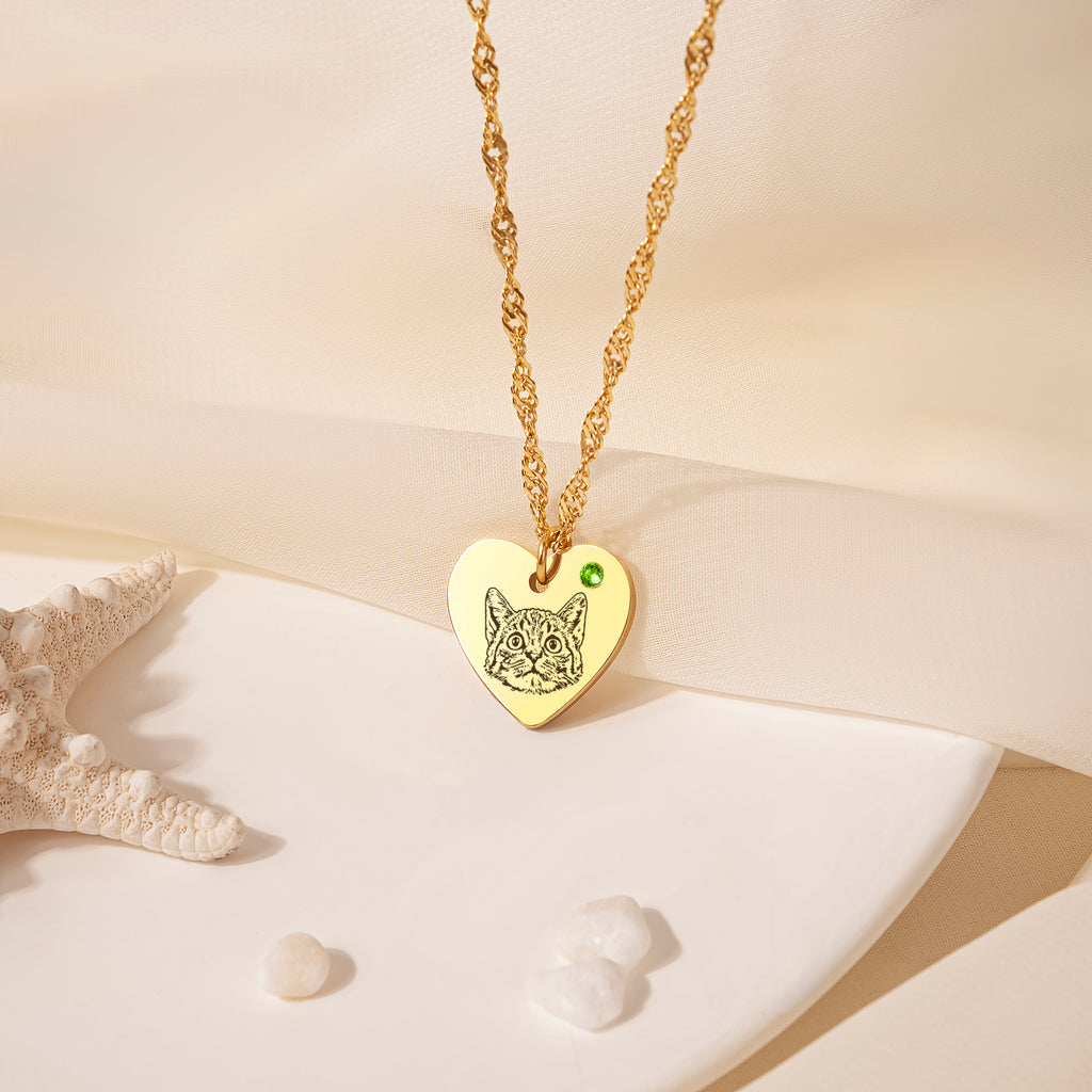 Pet Portrait Birthstone Heart Necklace