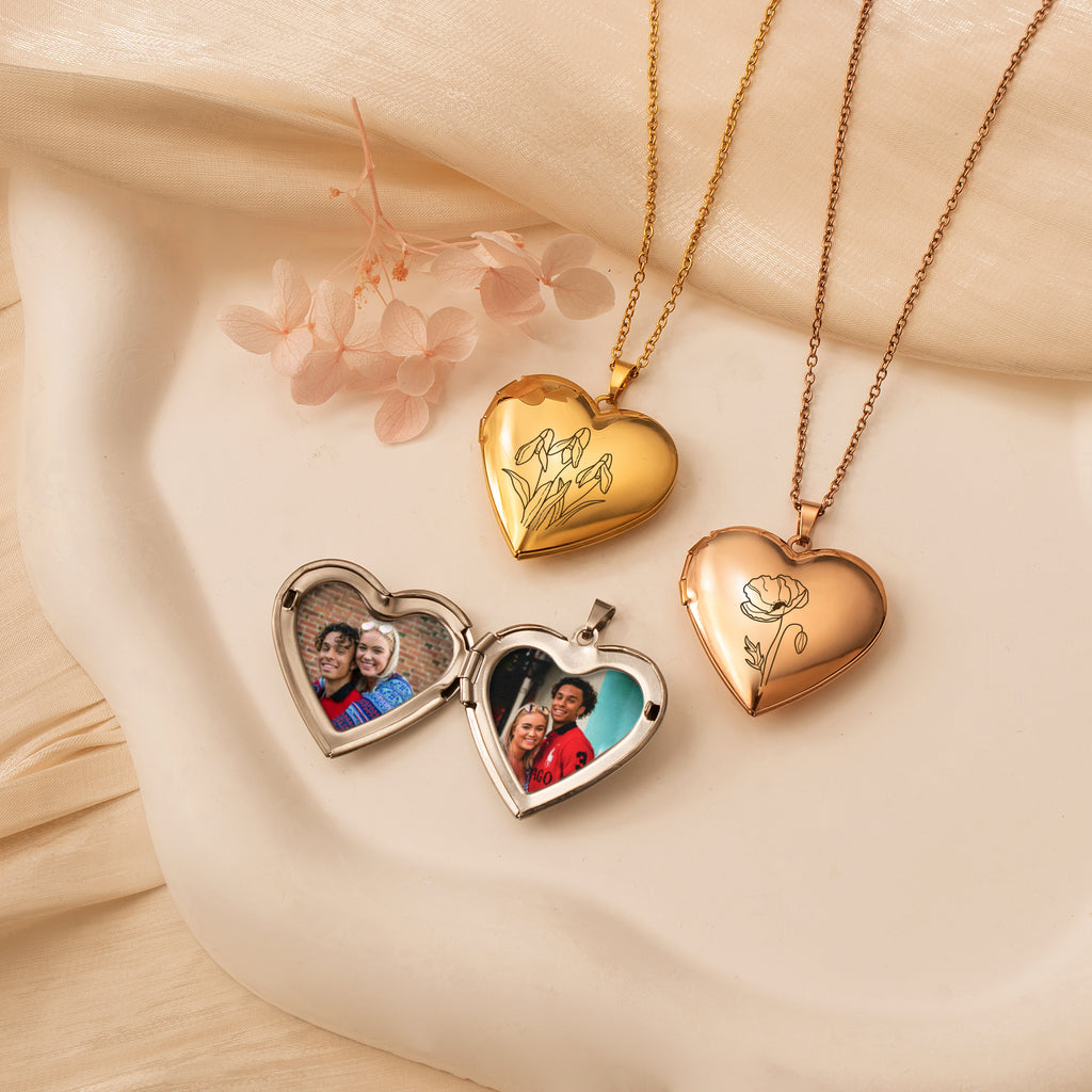 Personalized Birth Flower Heart Photo Locket