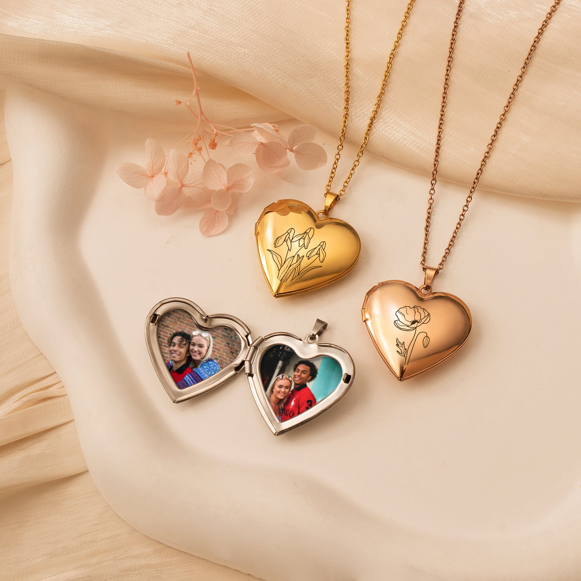 Personalized Birth Flower Heart Photo Locket