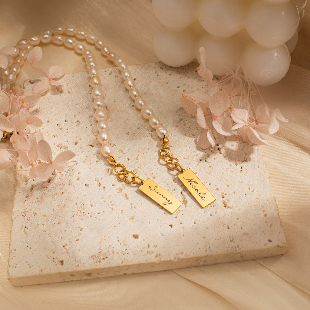 Personalized Square Charm Pearl Bracelet