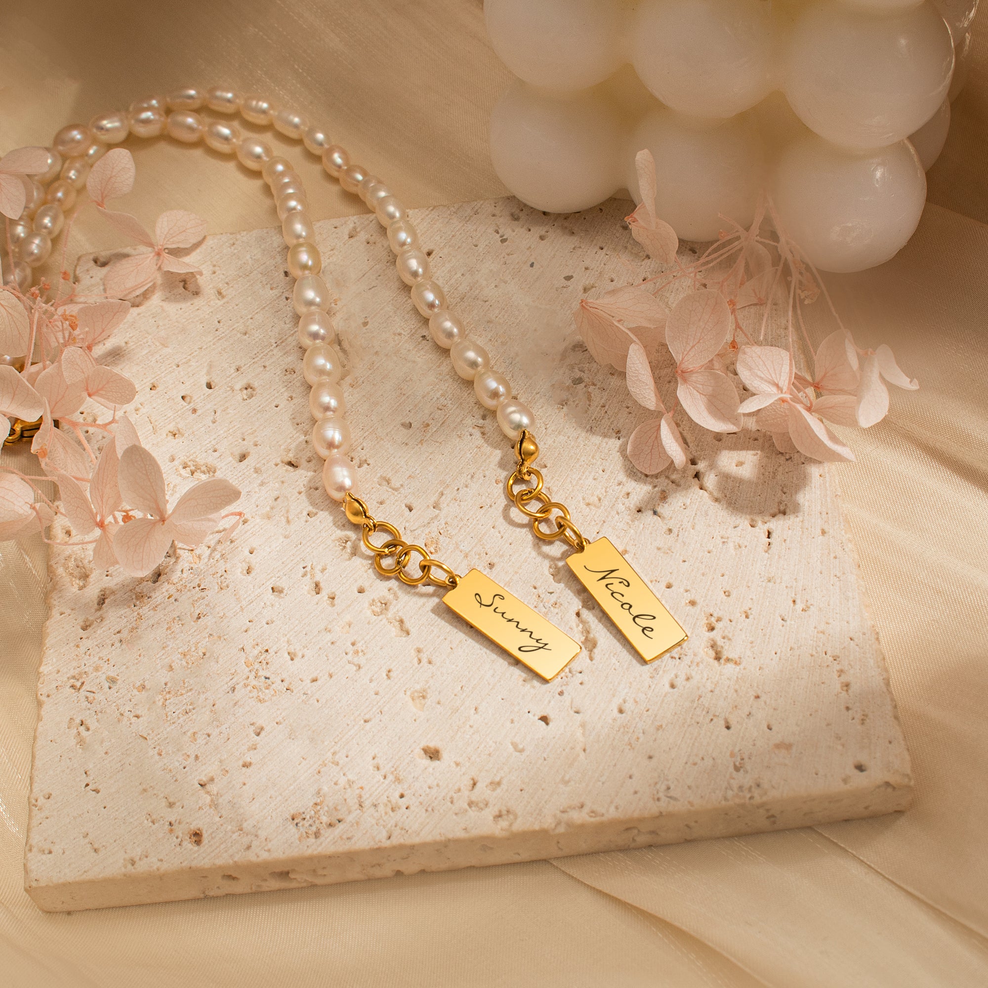 Personalized Square Charm Pearl Bracelet