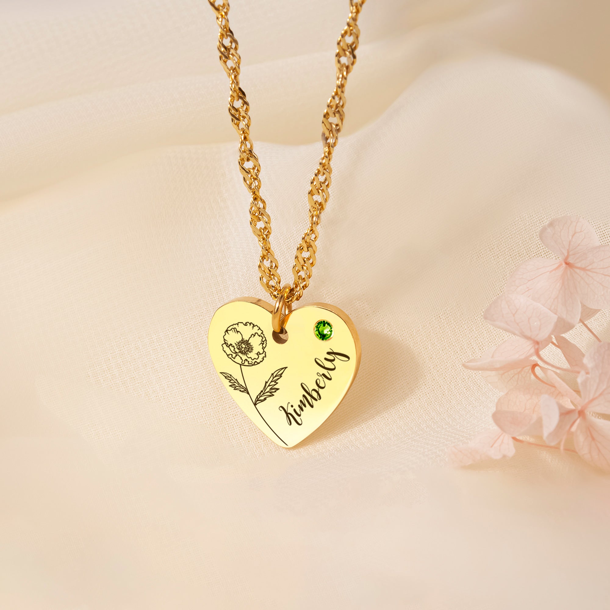 Flower and Name Birthstone Heart Necklace