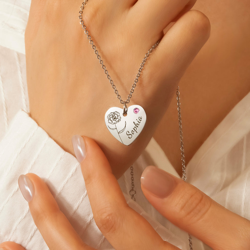 Flower and Name Birthstone Heart Necklace