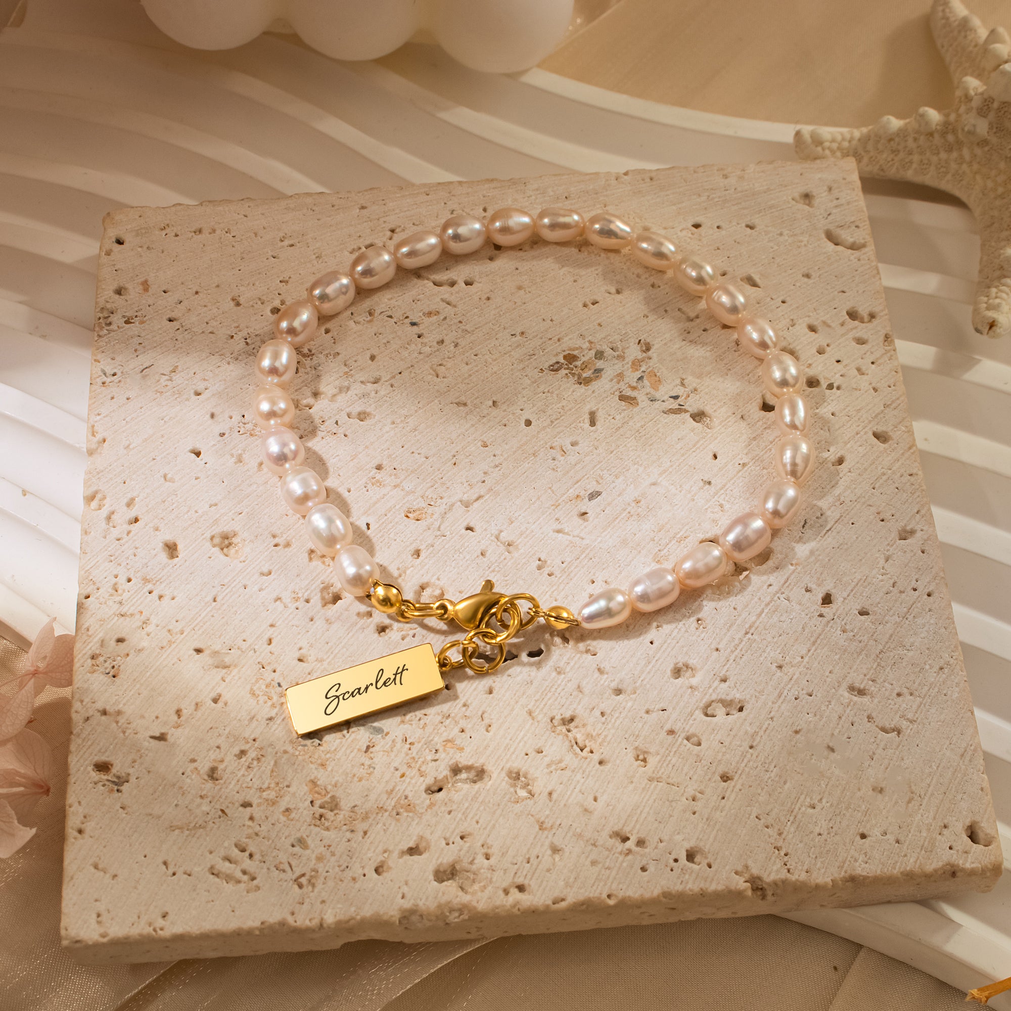 Personalized Square Charm Pearl Bracelet