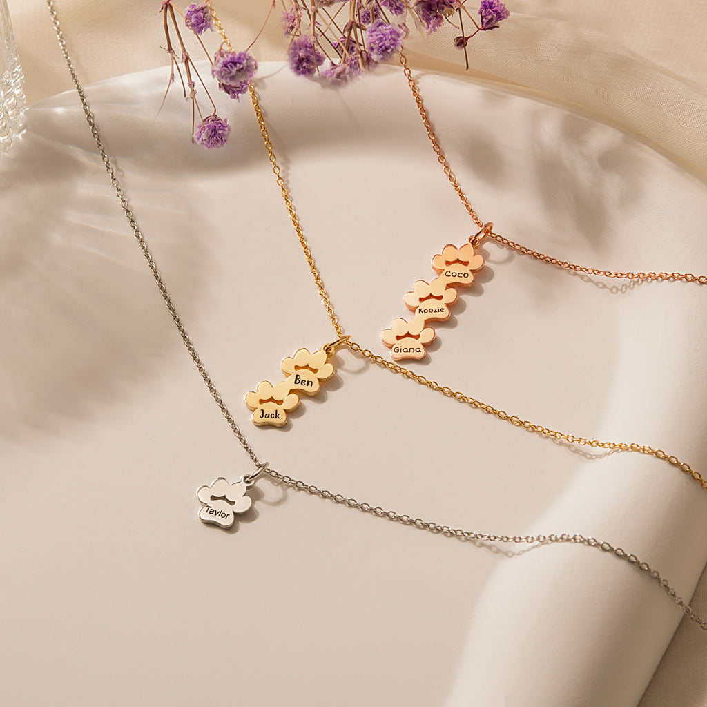 Vertical Paw Print Name Necklace
