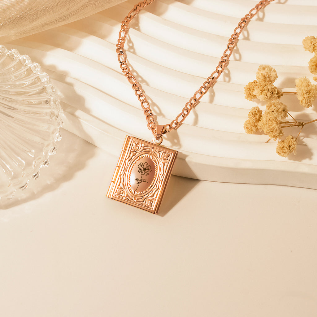 Birth Flower 18K Gold Vintage Square Locket Necklace