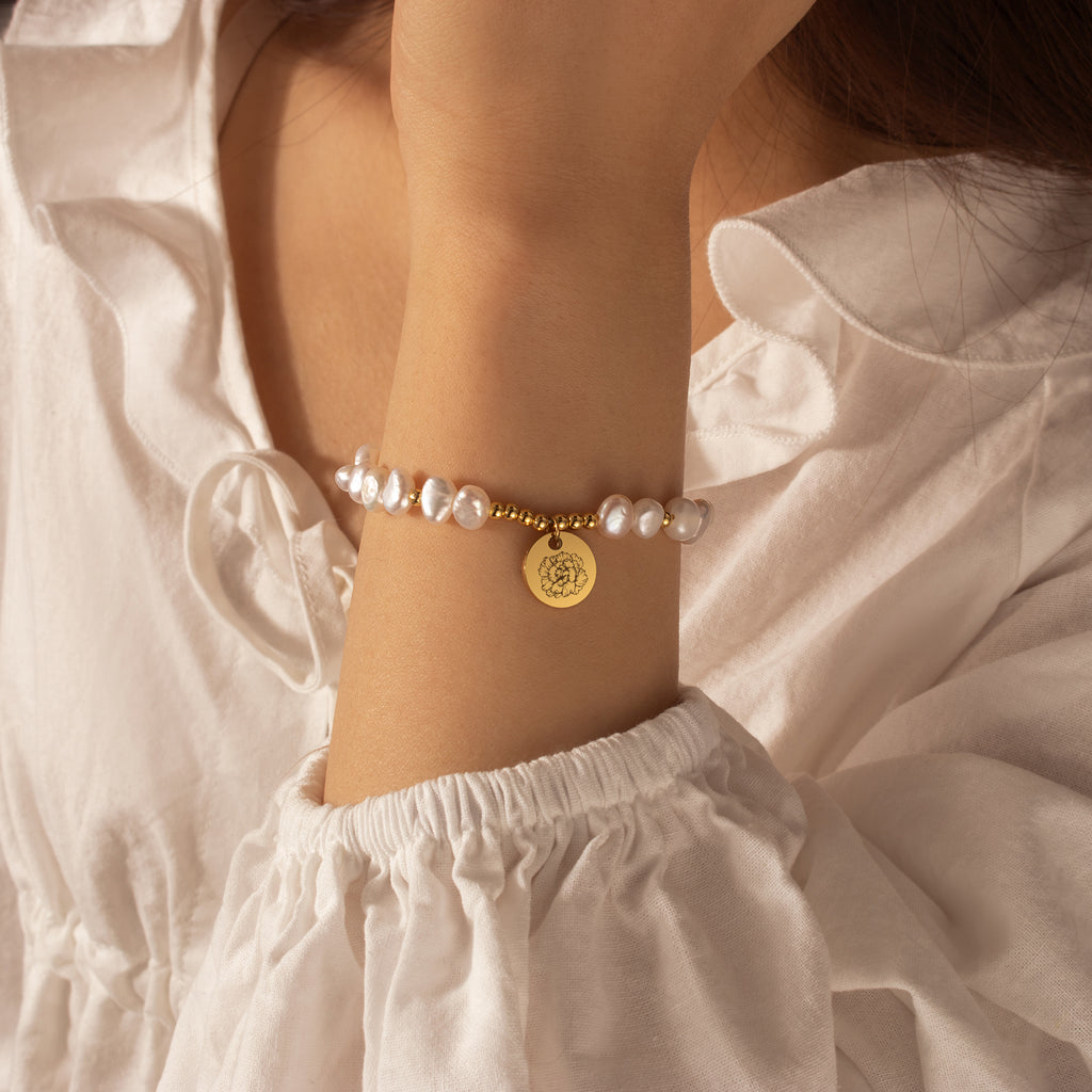 Personalized Birth Flower Charm Pearl Bracelet