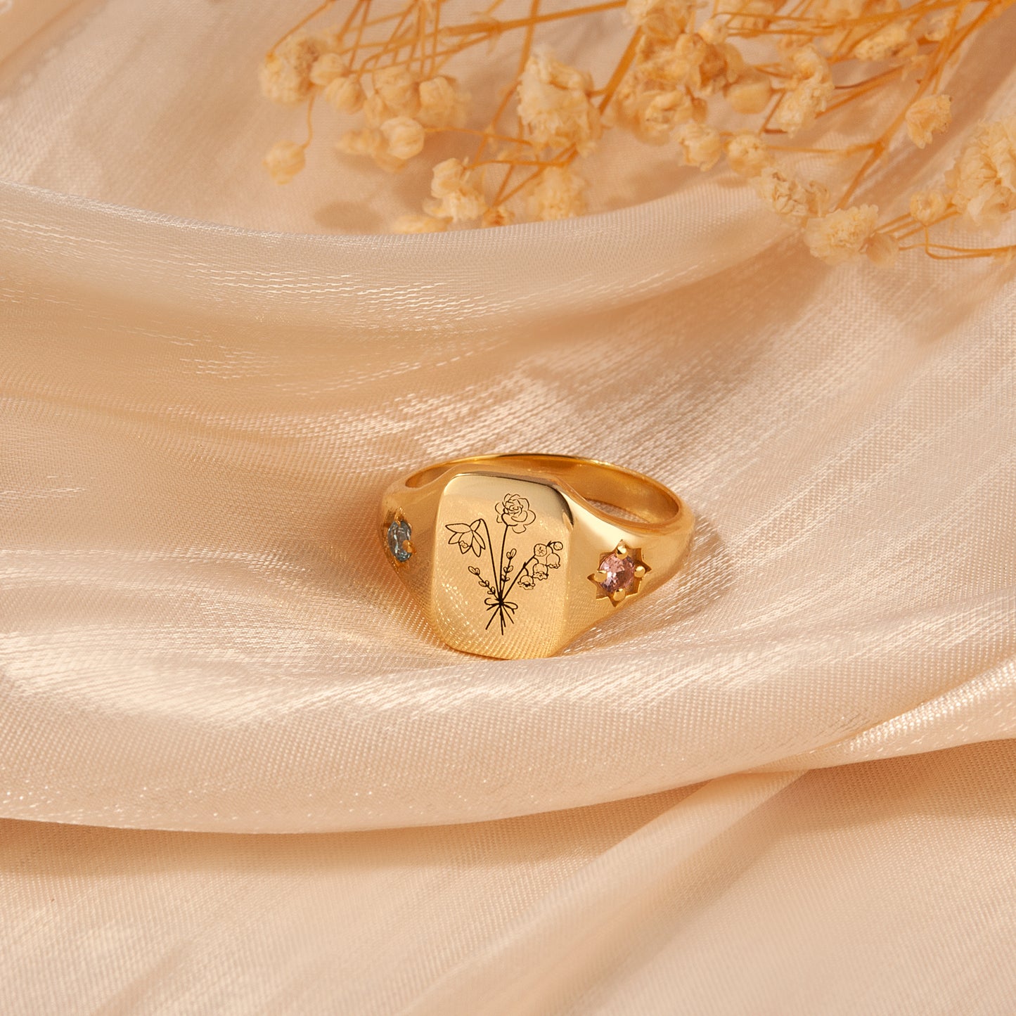 Personalized Birth Flower Birthstone Ring