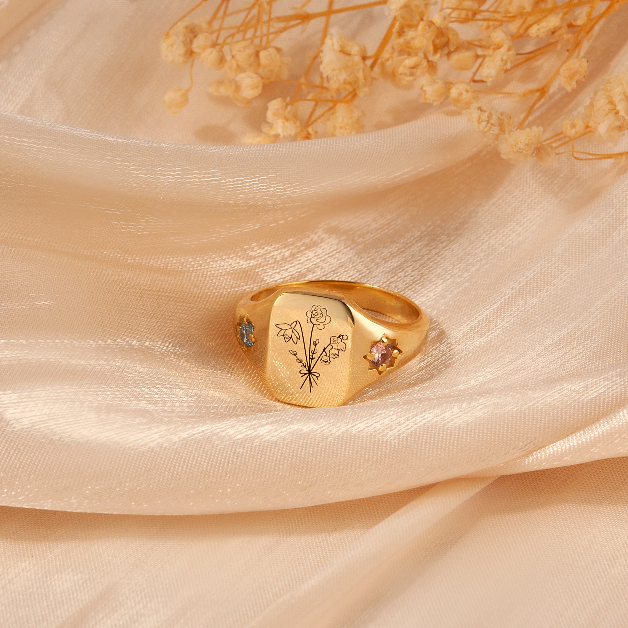 Personalized Birth Flower Birthstone Ring